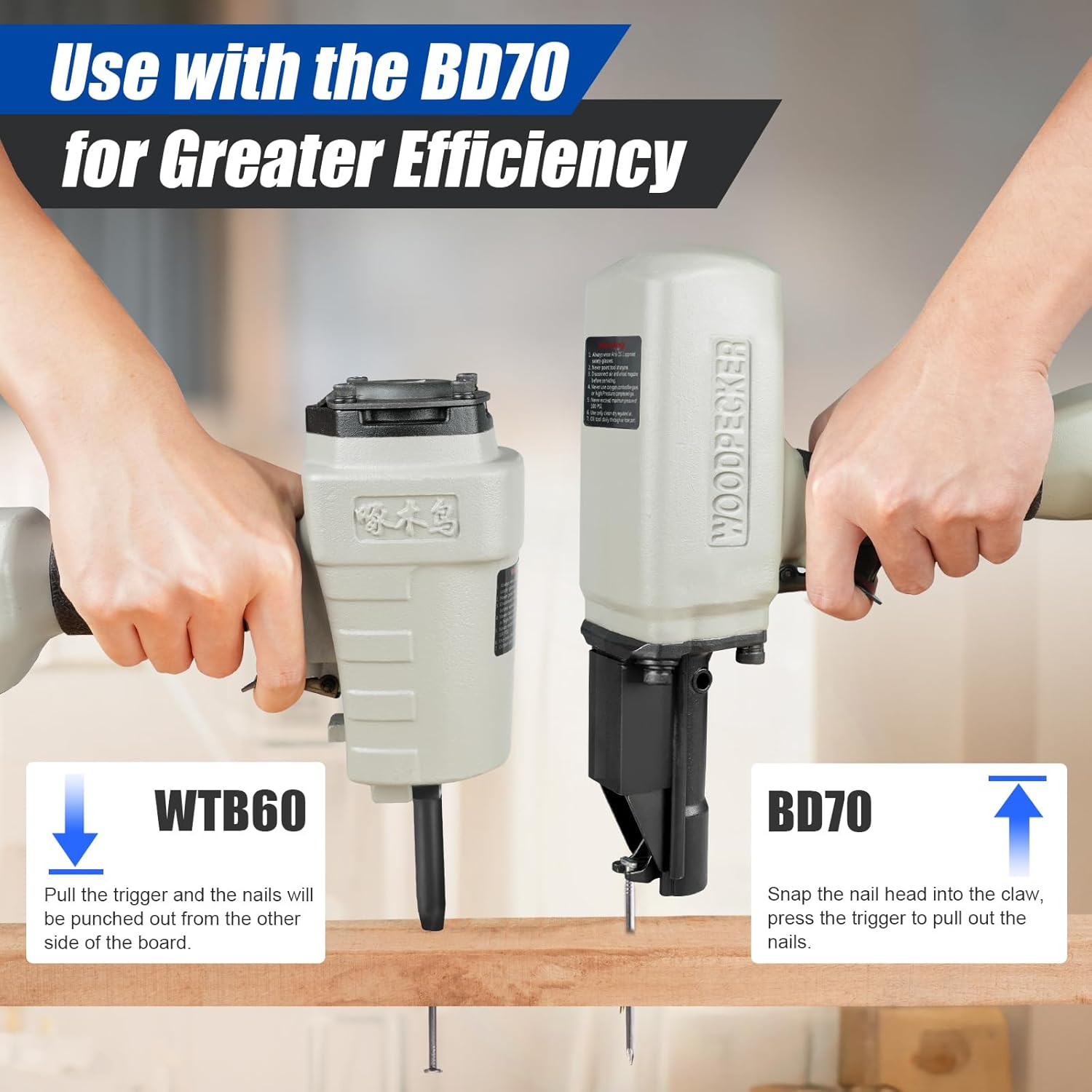 WOODPECKER WTB60 Professional Pneumatic Nail Remover Gun, Air Nails Puller,Nails Puncher for Denailing & Recycling, Pneumatic Nails Puller Removes Nails Range Less Than 0.19'' (5mm)