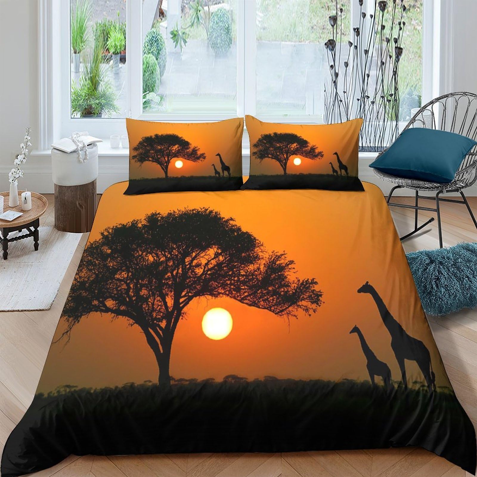Ctjqhvkz Style-3 3D Printed African Sunset Fitted Sheet Microfiber Soft Breathable Giraffe Silhouette Mattress Cover Bedroom Decor Single（135X200cm）