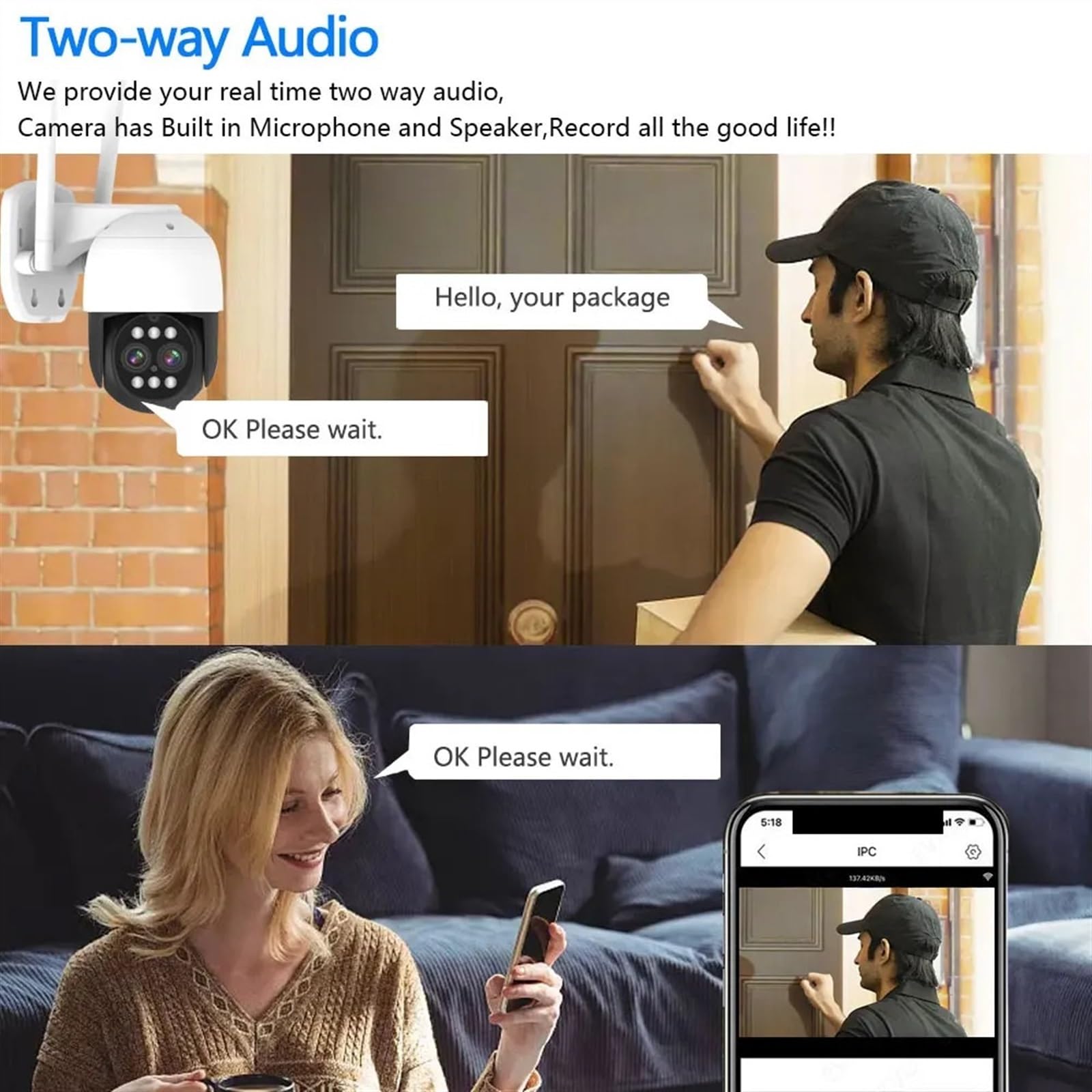 Caméra de sécurité, 8MP Double Objectif 2.8mm -12mm 10X Zoom 4K PTZ IP caméra extérieure AI Suivi Humain CCTV Audio sécurité vidéo Surveillance(WiFi Add 64G Card)
