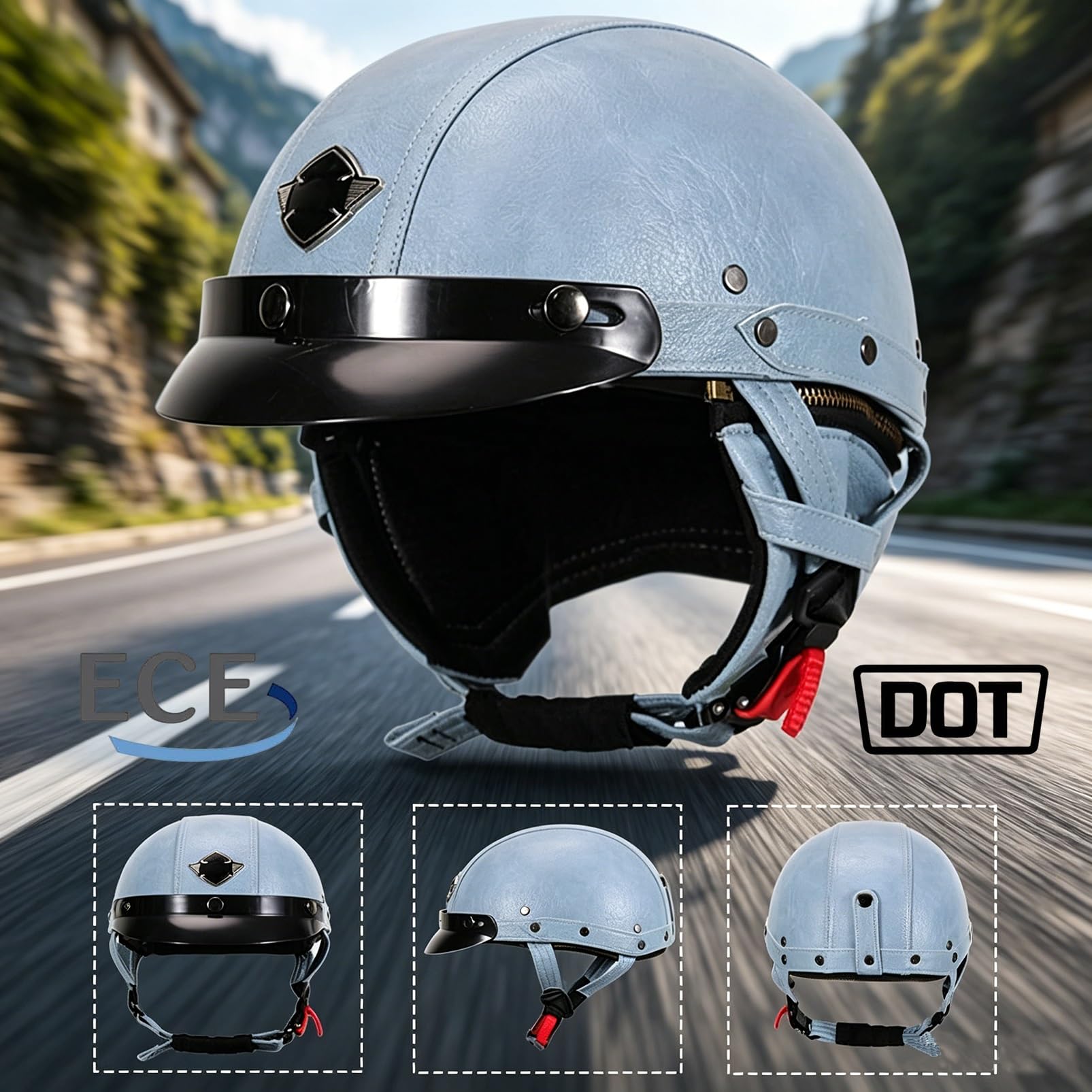 Casco Moto Jet Omologato ECE R22.06, Retrò 3/4 Vintage con Frontino Removibile per Uomo & Donna, DOT Legale su Strada per Scooter Moped Cruiser