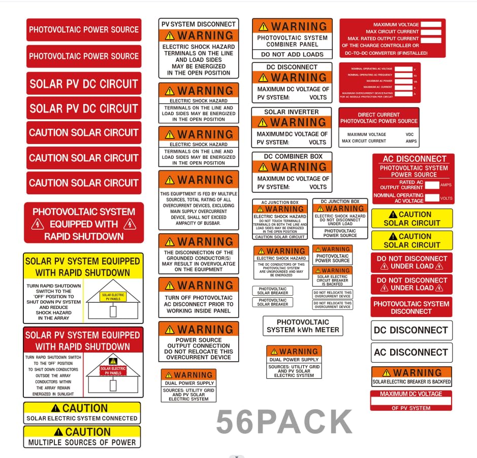 56 Pack PV Solar System Install Label Kit, Joyfulmap Photovoltaic Safety Labels,Photovoltaic Power Source Labels, Solar PV Safety Warning Pack