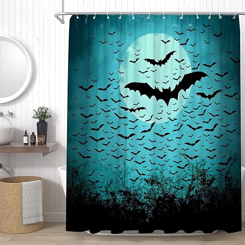 Cortina de ducha con diseño de murciélagos góticos espeluznantes, luna aterradora, color azul, juego de cortinas para decoración de baño con