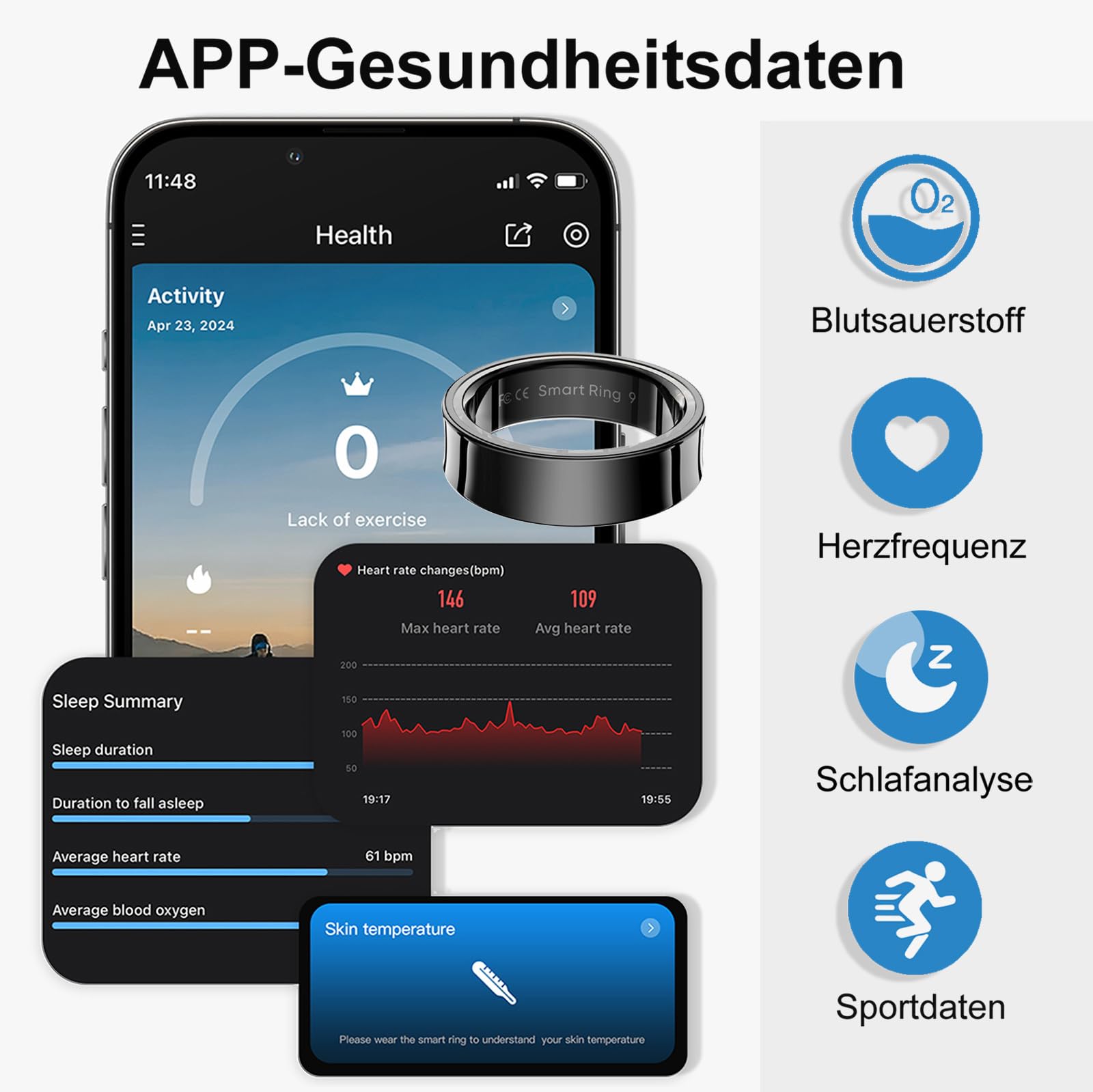 findtime Smart Ring Smartringe für Herren Damen IP68 Wasserdicht Fitness Ring Schrittzähler Kalorien Schlaftracker Smartring Android iOS Physiologische Erinnerung Herzfrequenz Aktivitätstracker