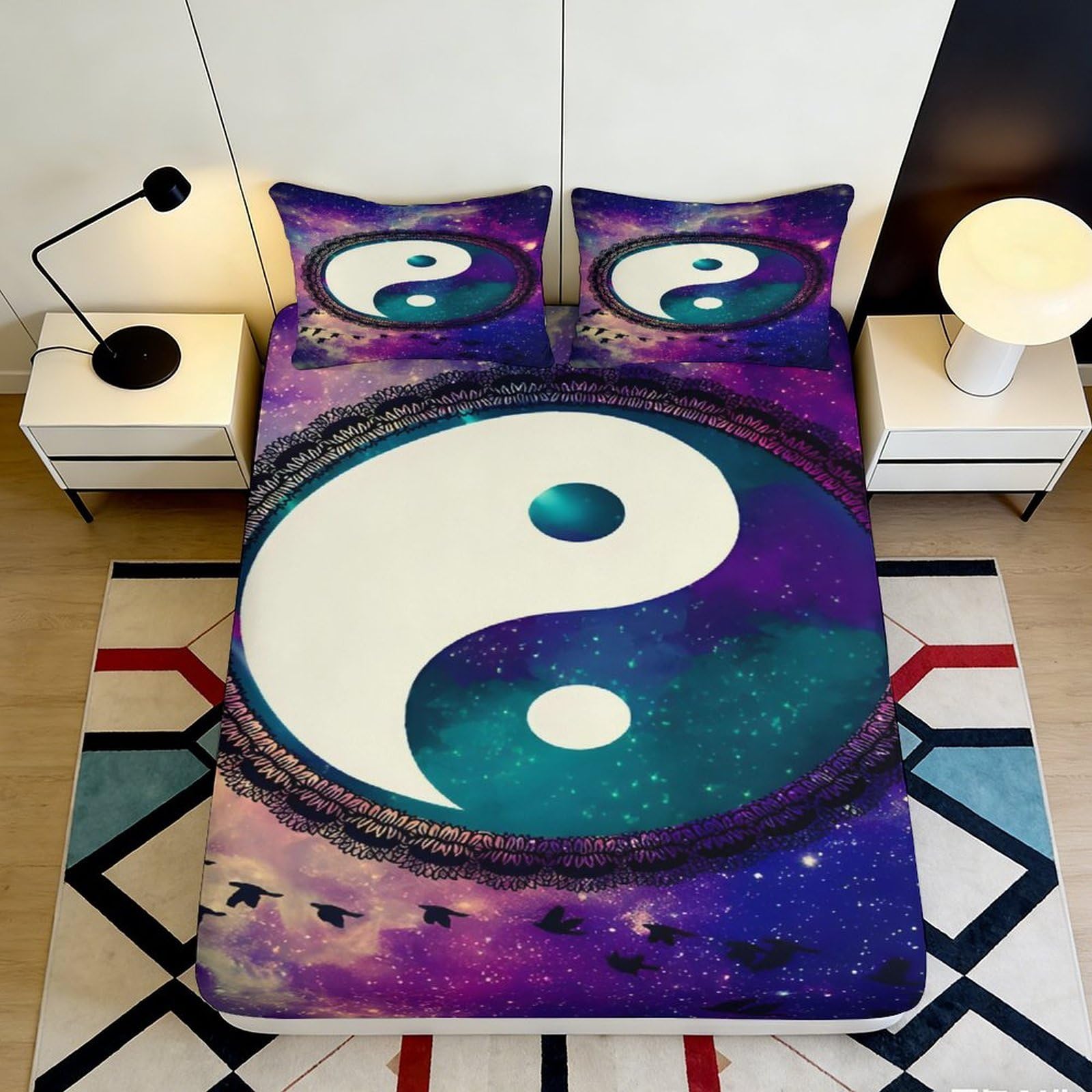 3D Printed Yin Yang Galaxy Fitted Sheet Microfiber Soft Bed Cover Purple Blue Cosmic Nebula Bedroom Decor 90x200x25cm