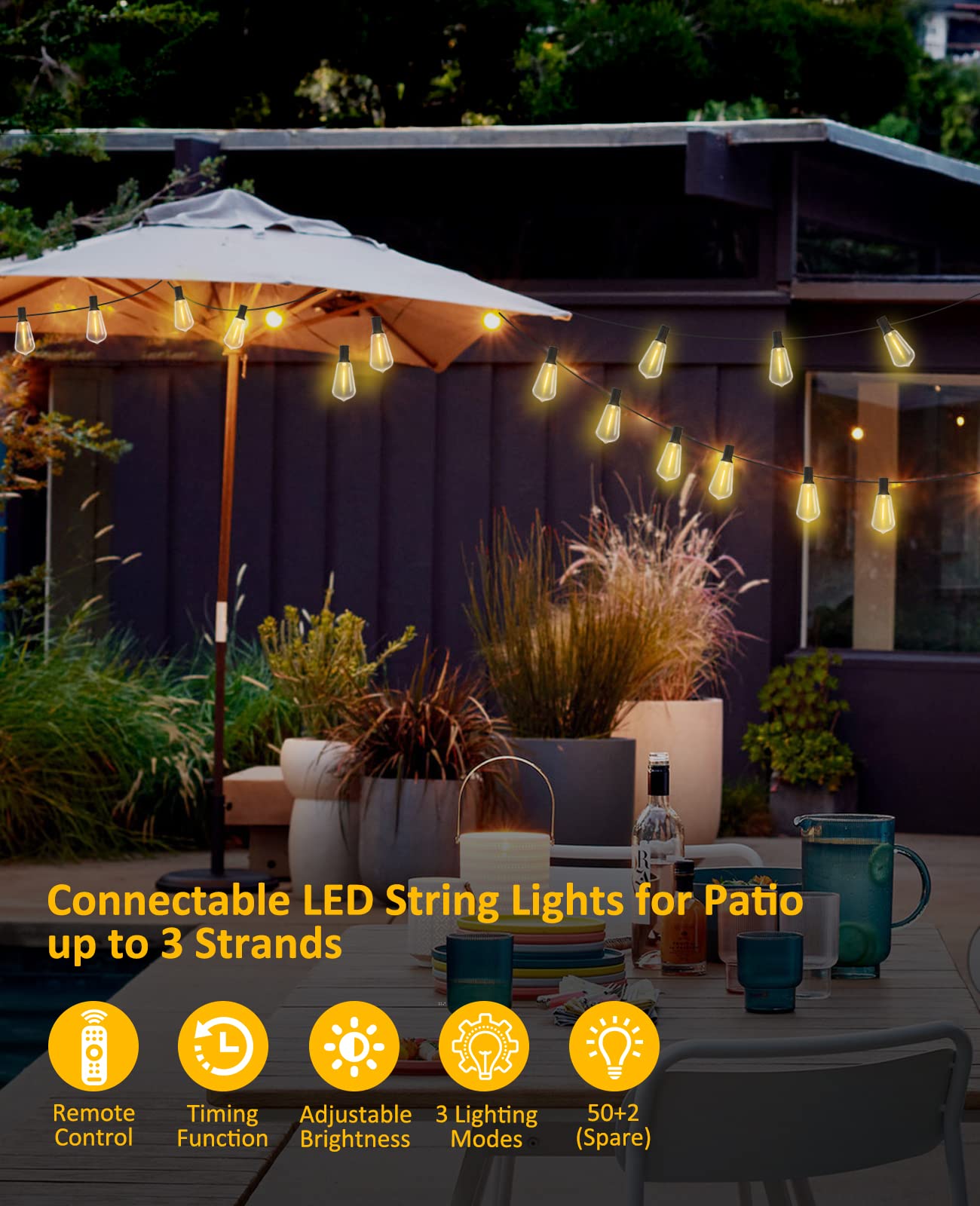 AUYLE LED Outdoor String Lights 100FT Patio Lights Dimmable with Remote Control, Waterproof Outdoor Lights with 50+2 LED Bulbs for Backyard Wedding Party Market, Hanging Lights Outside, 2700K