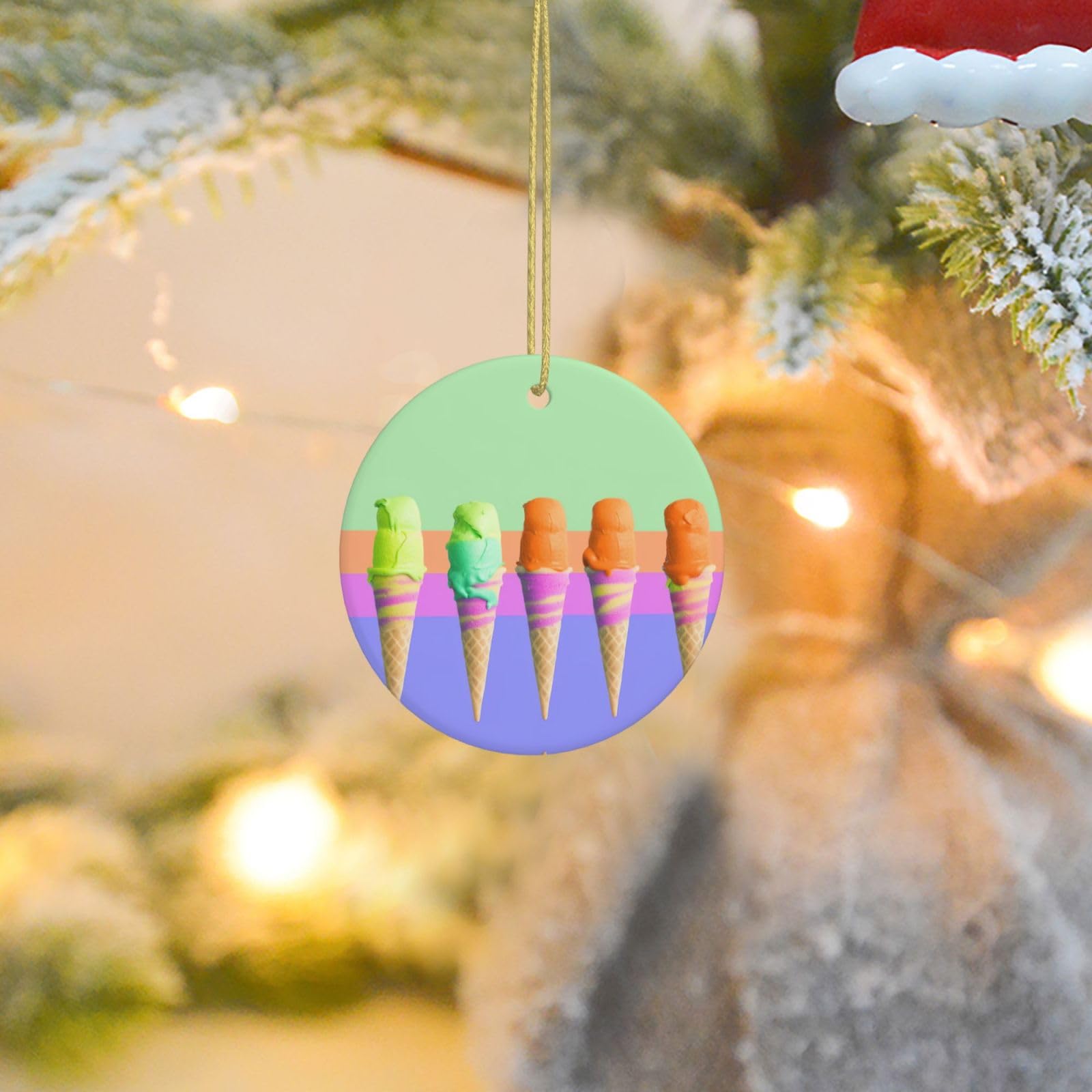 Christmas Tree Ornaments Ceramics Christmas Round Decorations Ice Cream Rainbow Gradient Ceramics Ornaments Circle Pentagram Xmas Tree Hanging Pendant for Christmas Tree Party Holiday Home Decor