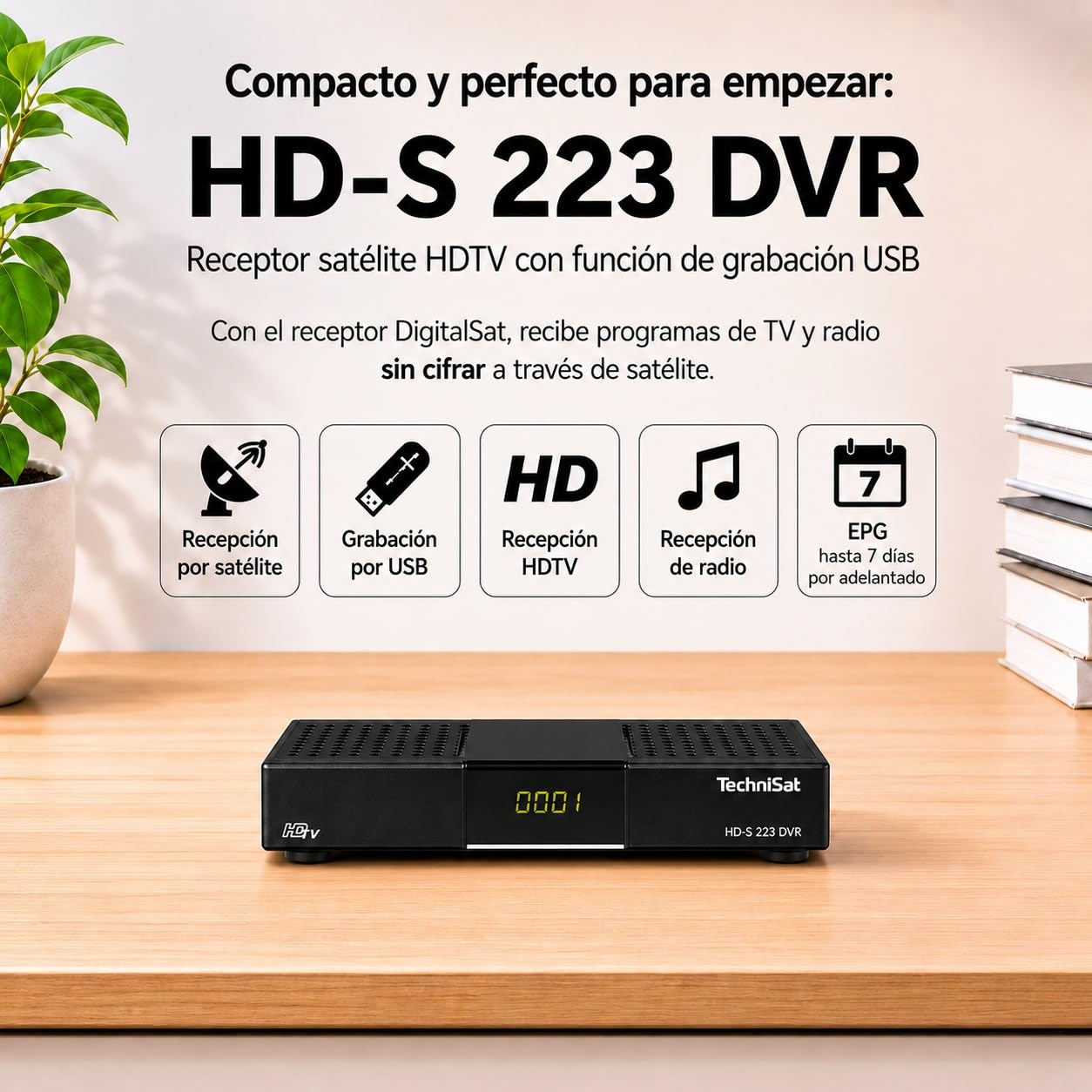TechniSat HD-S 223 DVR - Receptor Satélite HD DVB-S2 con Grabación USB, HDTV, HDMI, Reproductor Multimedia USB, EPG 7 Días, Temporizador y Mando a Distancia, Negro