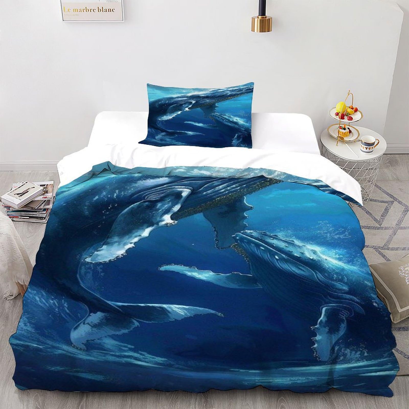 Whale Water Bedding Set Theme Bedspread Animal Theme Wildlife Marine Animal Duvet Cover Set Chic Breathable Comforter Cover Universal for All Seasons with Pillow Single（135x200cm）