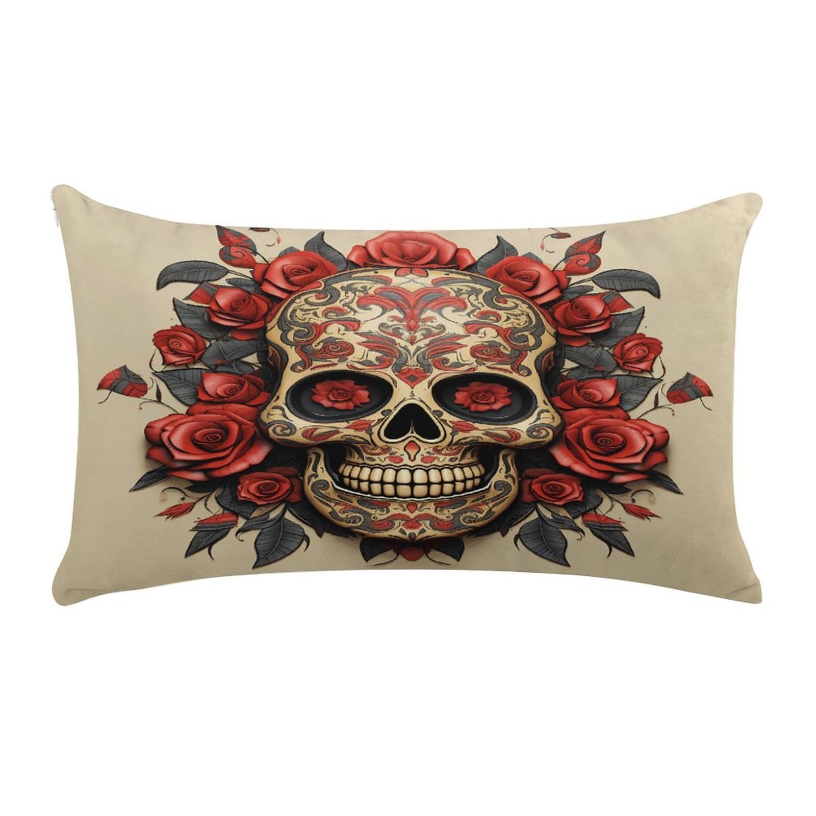 VstaDank Red Rose Sugar Skull Throw Pillow Cover Rectangular Lumbar Throw Pillow Case Soft Farmhouse Accent Decorative Cushion Cases Short Plush Pillowcase with Zipper 12 X 20 Inch