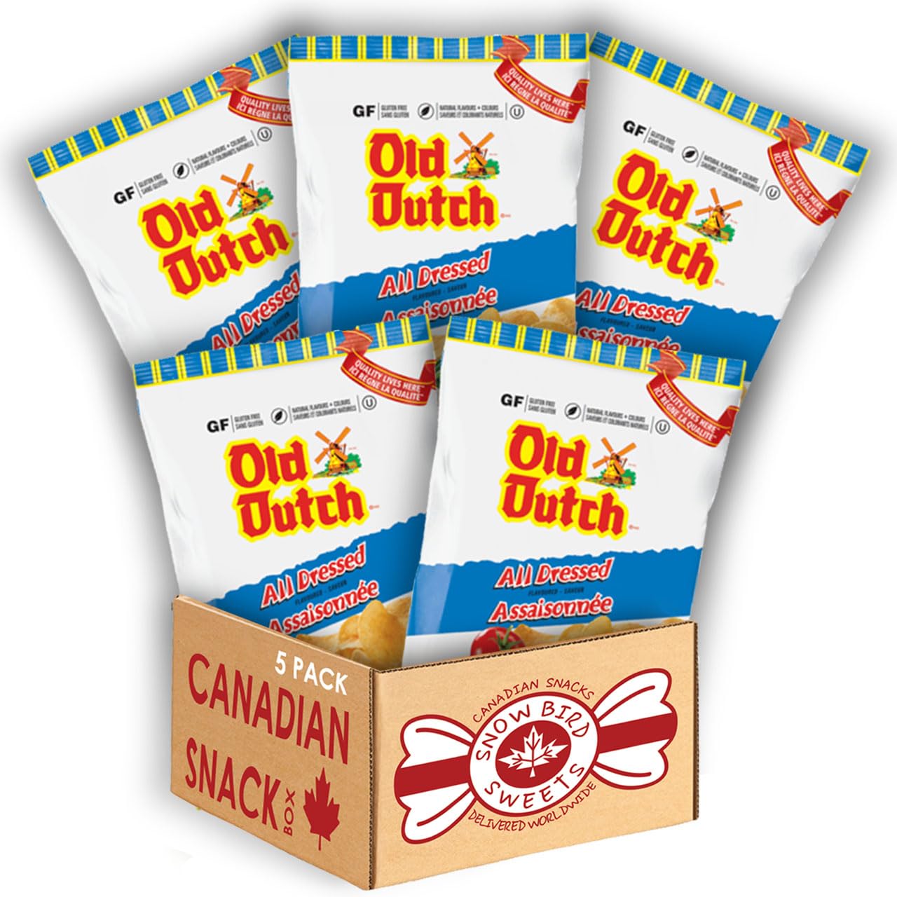 Over 2lbs of Old Dutch All Dressed chips (235g each)| All Dressed Chips Canadian | Canadian Snacks | Canadian Gift - by Snowbird Sweets, Pack of 5 , 8.0 ounces