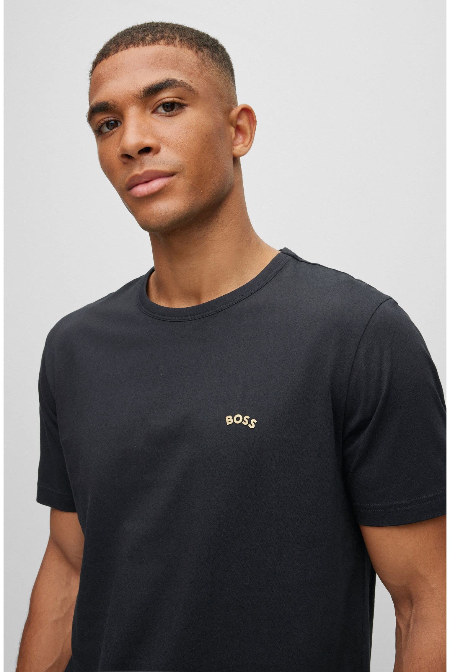 BOSS Męski t-shirt z bawełny organicznej z okrągłym dekoltem i zakrzywionym logo, czarny, S
