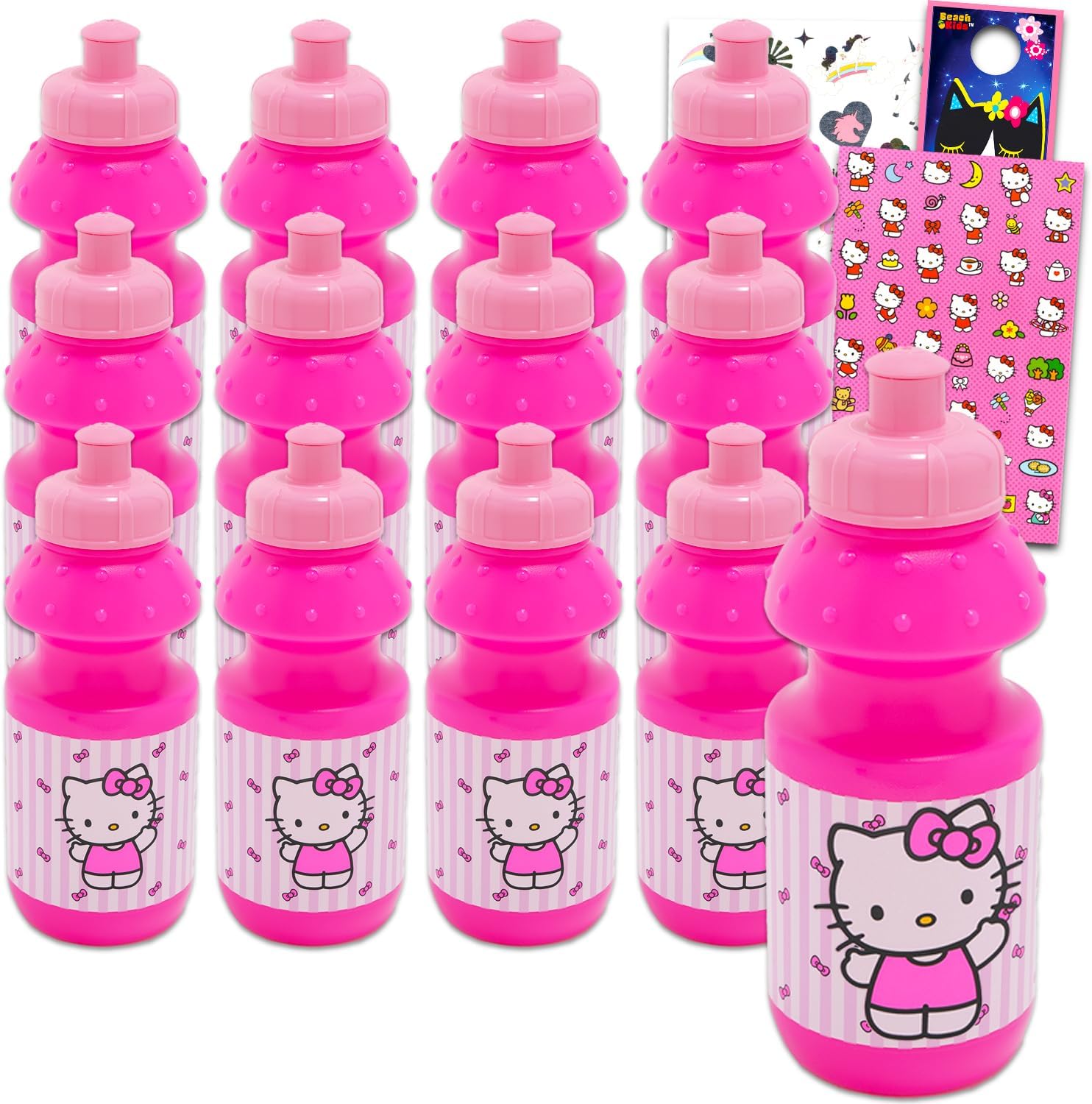 SANRIO Hello Kitty Kids 11 Oz Reusable Water Bottles - Hello Kitty Party Favor 12 Piece Bundle with 11 Oz Bottle with Pull Top Lid Plus Tattoos, Stickers for Girls | Bulk Hello Kitty Water Bottles
