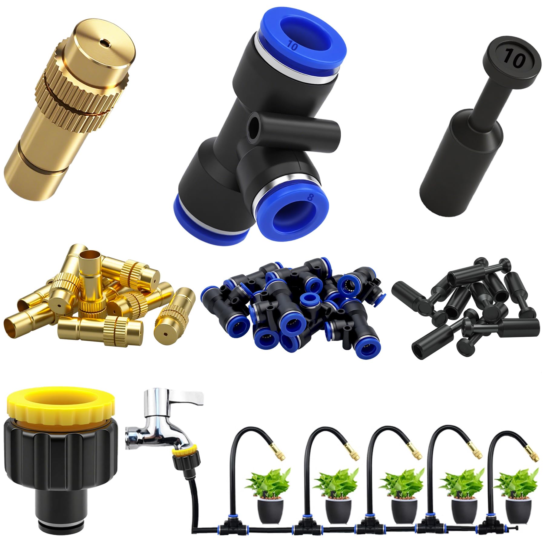 CESFONJER Irrigation System Kit, Brass Misting Nozzles Set, Automatic Drip Irrigation Kit with 10mm Quick Connect Adapter for Garden, Yard, Lawn, Greenhouse