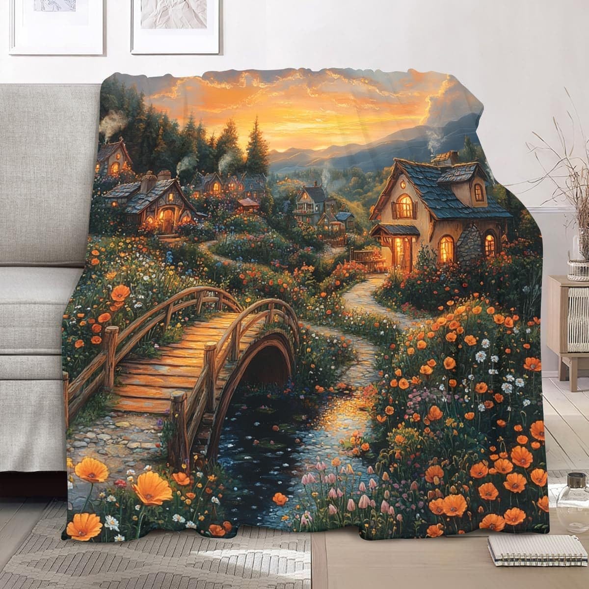 Koc na kanapę łóżko king 180 x 200 cm senne wzgórza drewniane domy rośliny kwiatowe super miękkie przytulne koce pomarańczowy antyalergiczny polarowy narzuta koc flanelowy na wszystkie pory roku