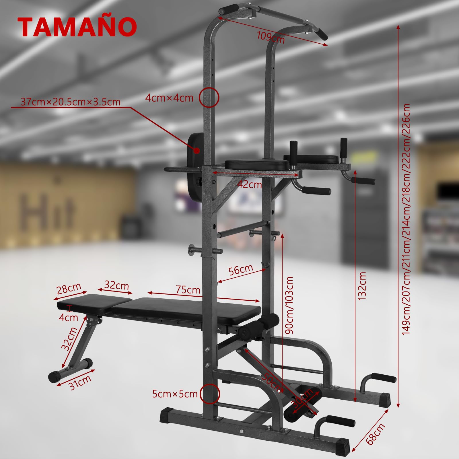 Estación de Dominadas, Maquina Dominadas Altura Ajustable, Máquina de Musculación con Banco de Pesas Plegable, Estación de Musculación para Fitness en Casa Gimnasio