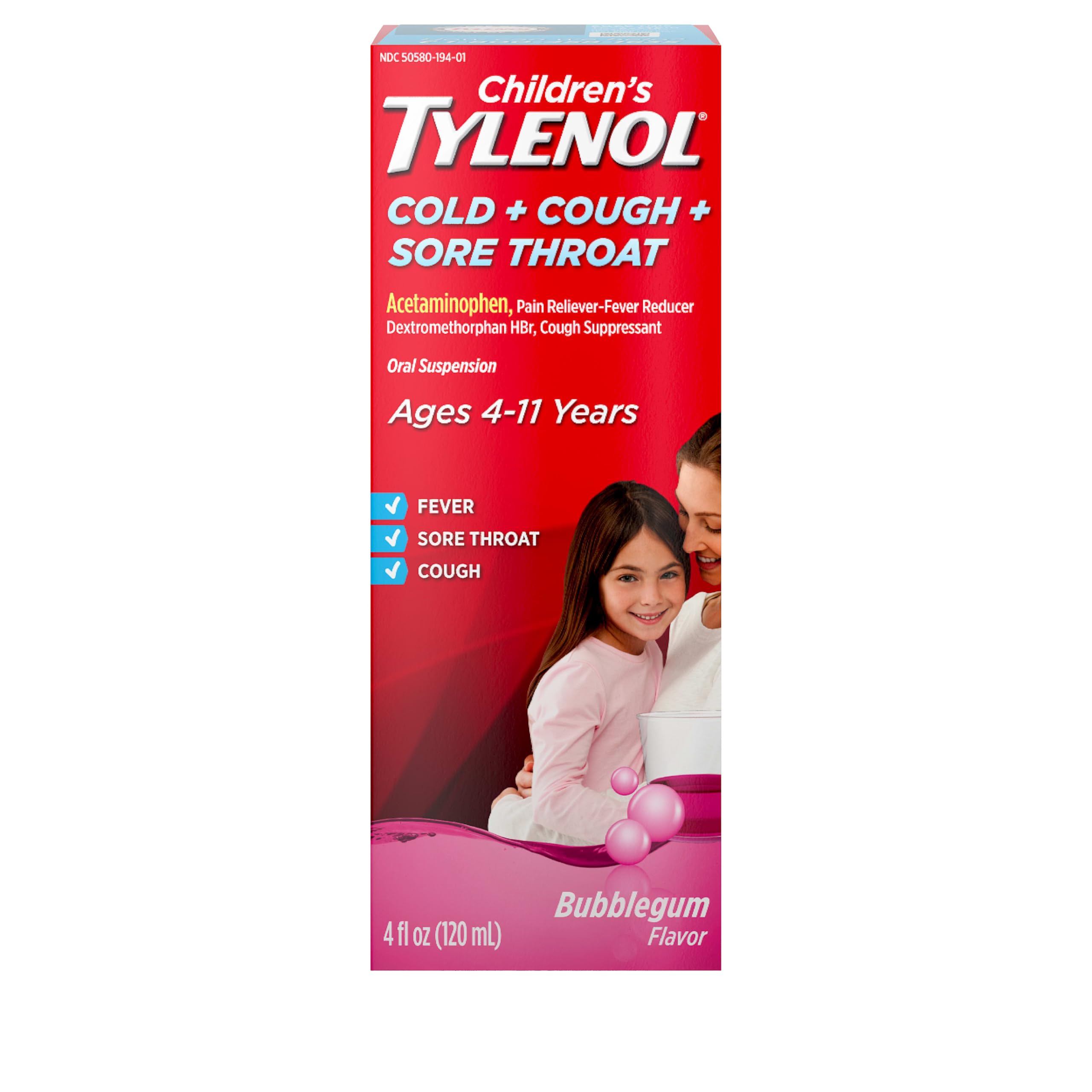 Children's Tylenol Cold, Cough & Sore Throat Oral Suspension, Kids’ Liquid Medicine, Acetaminophen Pain Reliever & Fever Reducer & Dextromethorphan Cough Suppressant, Bubblegum, 4 fl. oz