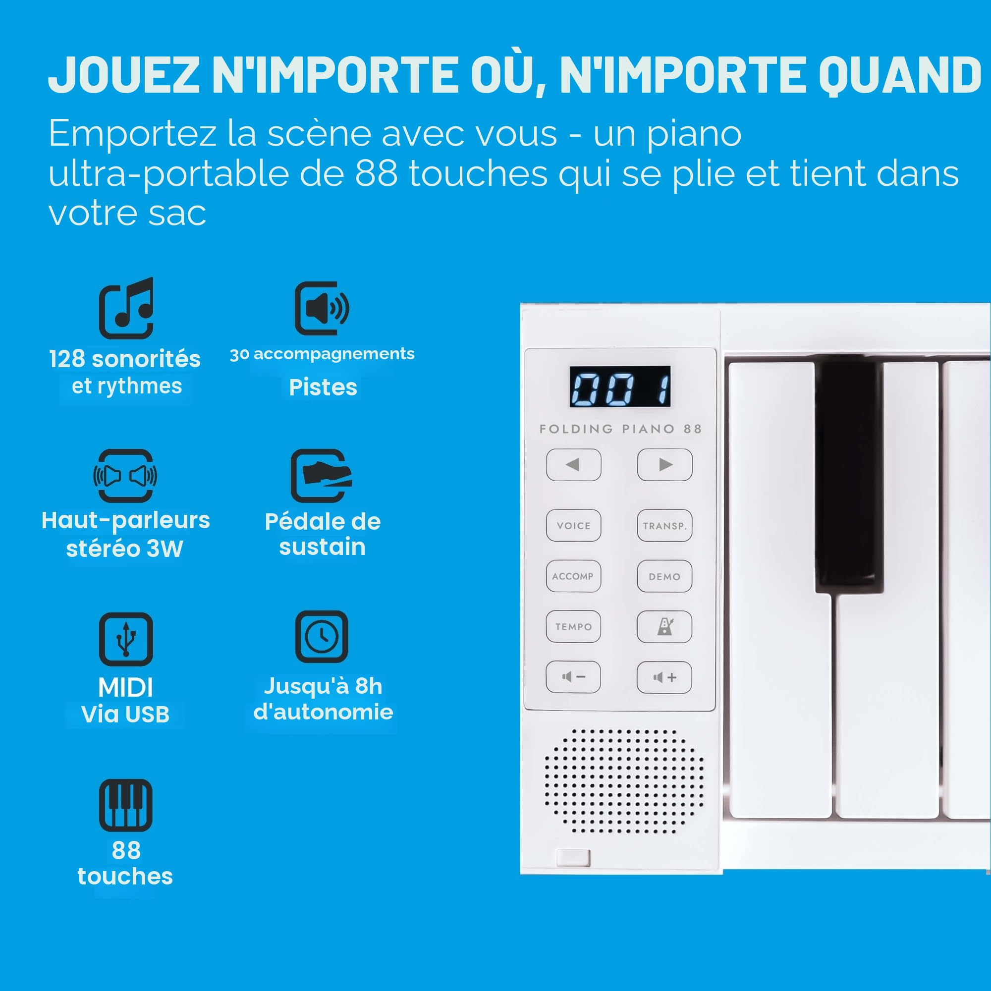 Piano pliable portable Blackstar de 88 touches avec batterie rechargeable intégrée et MIDI via USB. Clavier de piano 128 sons, 1,6 kg, 33 cm, BA203010
