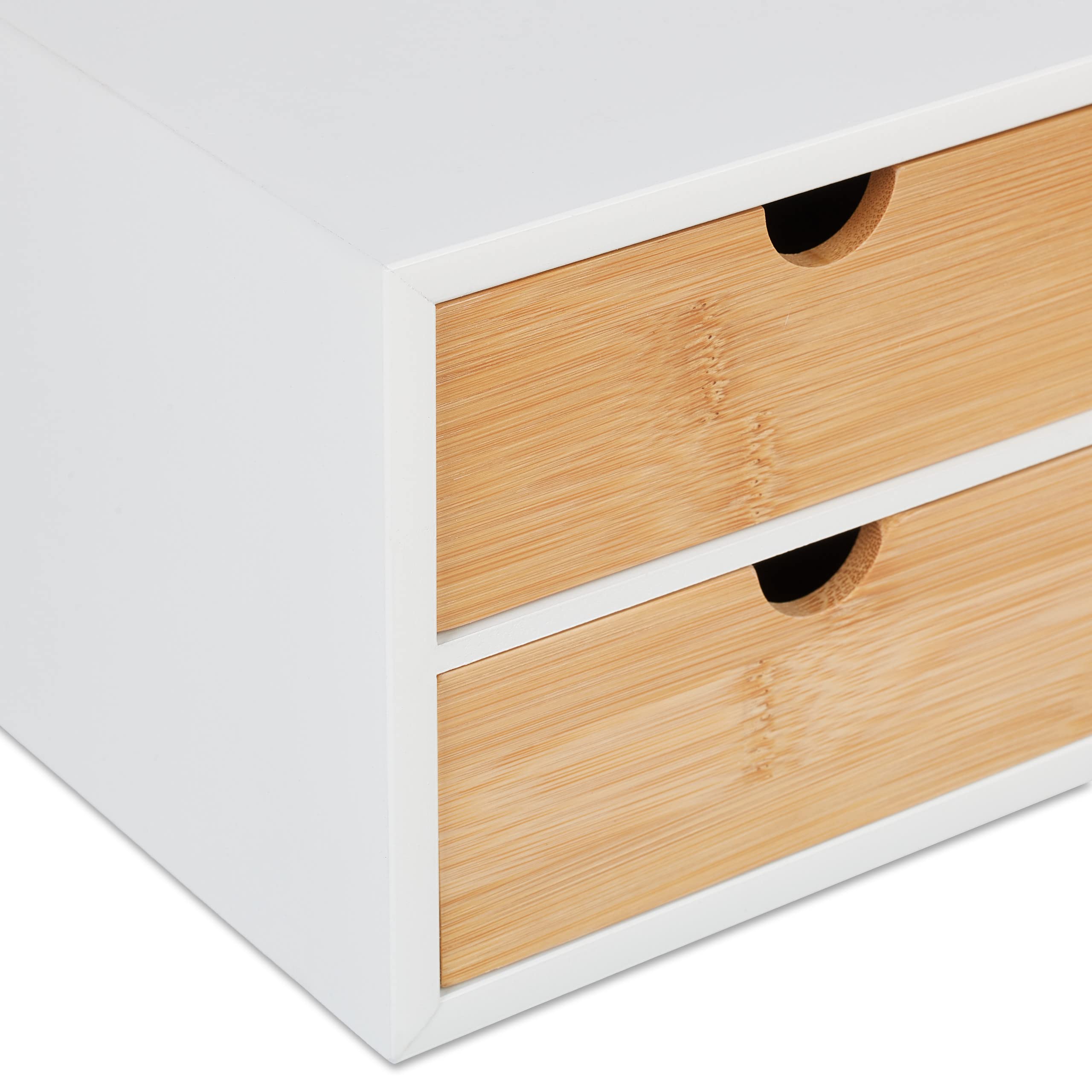 Relaxdays Organizador Escritorio, 4 Cajones, Almacenamiento Material Oficina, Bambú y MDF, 14x33x21cm, Natural y Blanco