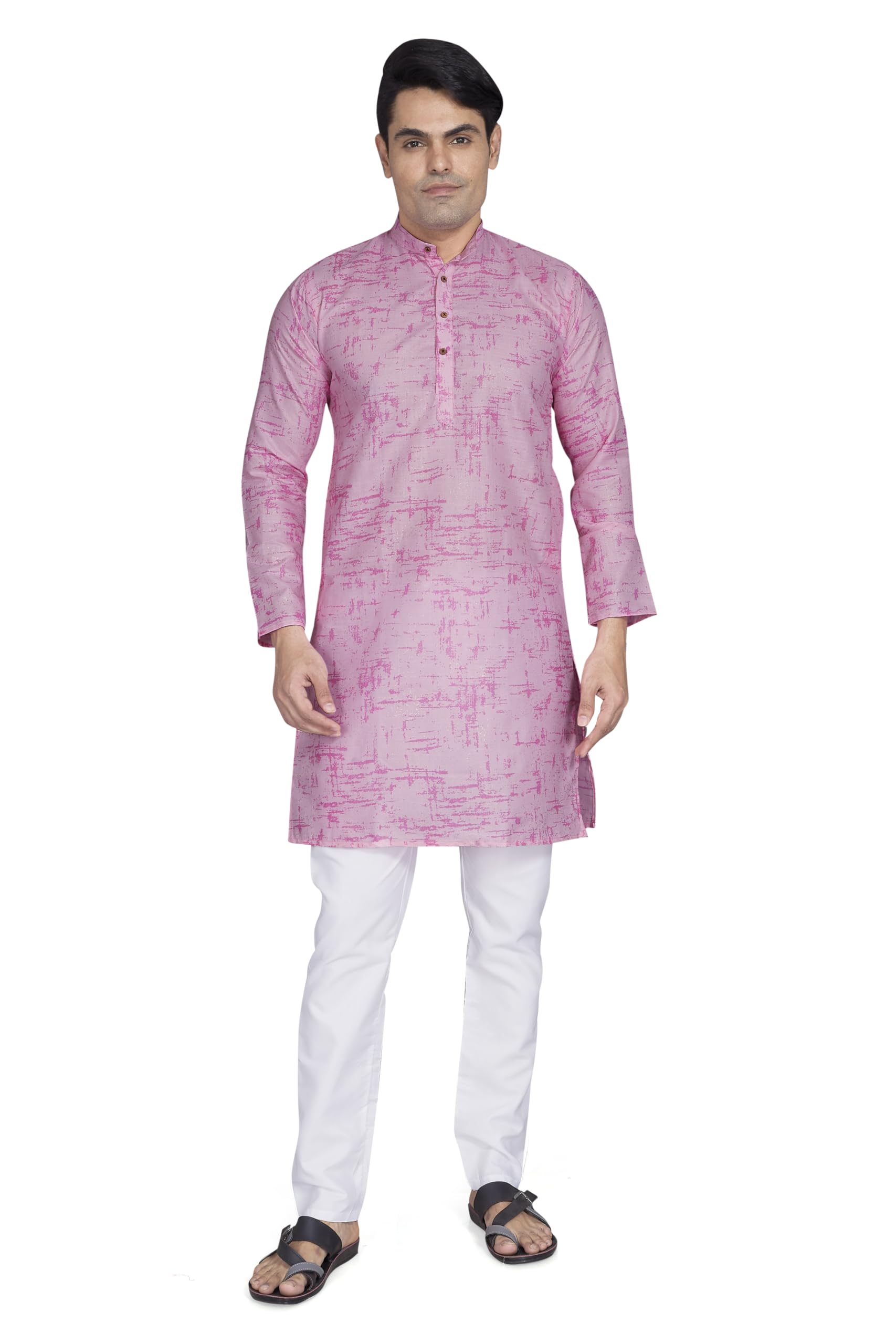 Divisive Men's Printed Cotton Blend Linen Slim Fit Kurta Pyjama Set (Dkrt871_Xl_Pink)