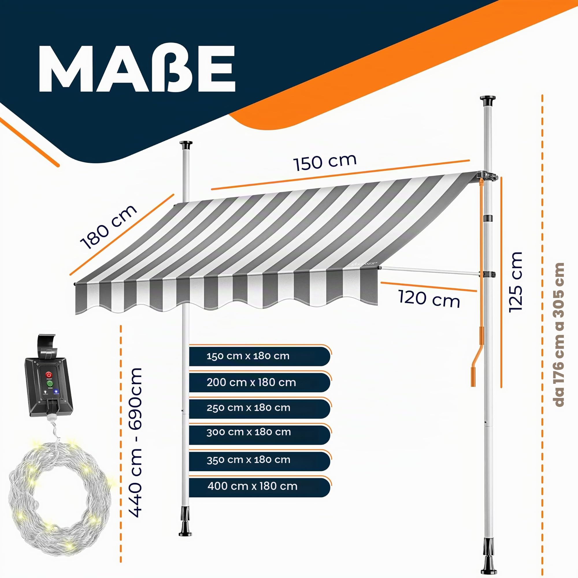 KESSER Tenda da sole con manovella e catena luminosa a LED, tenda da sole per balcone, tenda da sole senza fori, resistente ai raggi UV, regolabile in altezza e impermeabile, protezione solare per