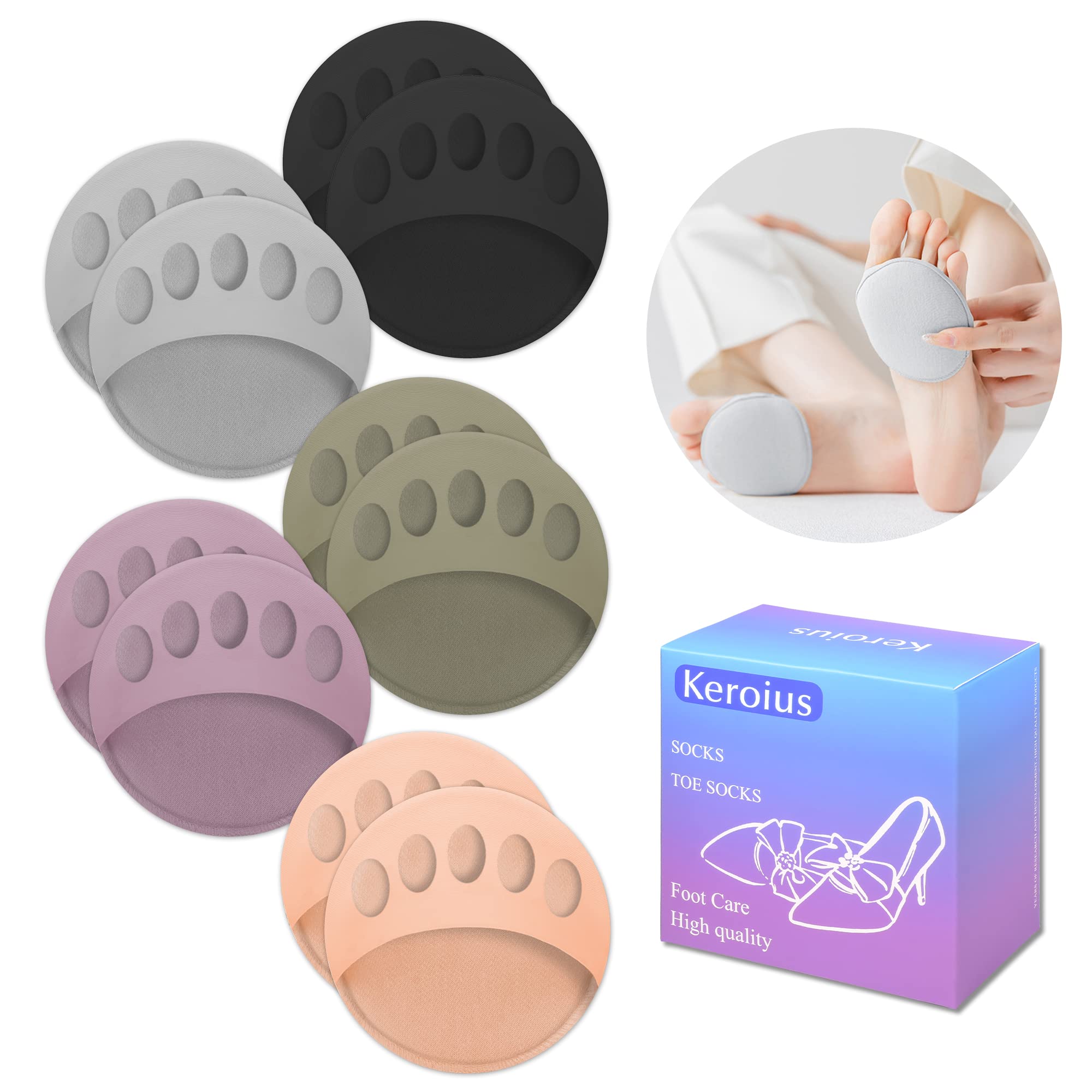 Honeycomb Fabric Forefoot Pads Breathable Soft Ball of Foot Cushion Pads, Invisible Women's Half Liner Socks Mat for Flats High Heels (5Pairs(Black-Beige-Gray-Purple-Green))