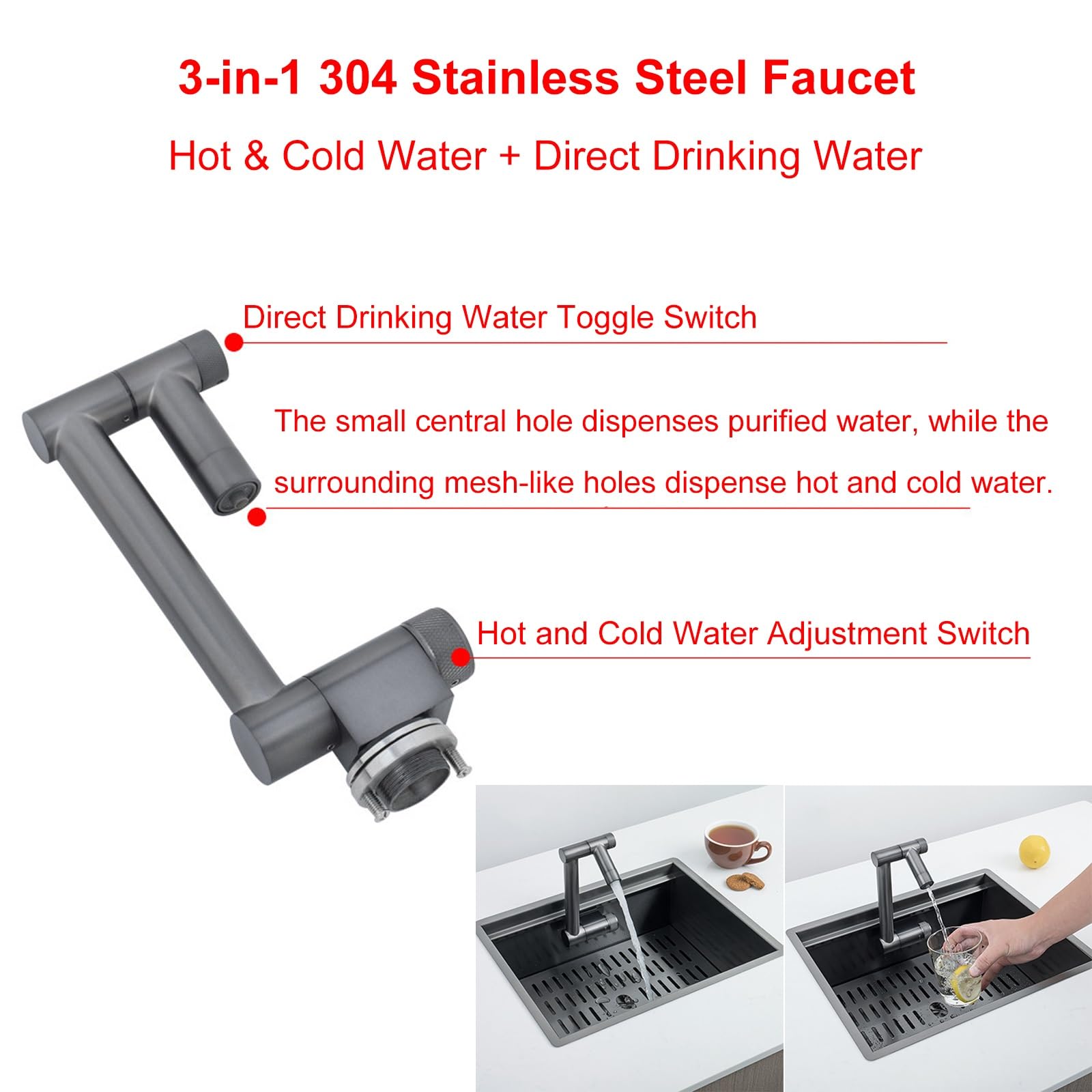 Fregadero Camper, Fregadero Pequeño de Acero Inoxidable 304, con Grifo Plegable y Kit de Desagüe, Apto para Autocaravanas, Furgonetas Camper, Yates y Bares(Silver,300x360mm)