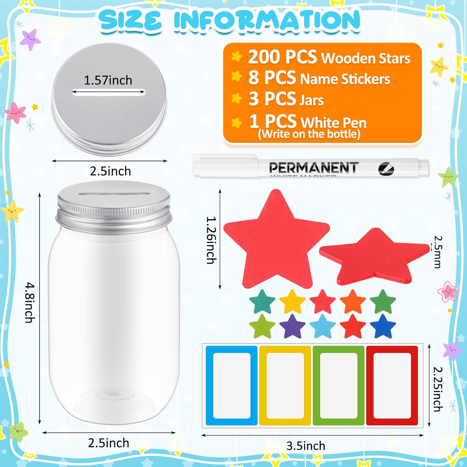 Roowest Star Reward Jar for Kid 3 Pcs Coin Jars for Behavior Tokens 200 Pcs Stars 8 Pcs Name Tags Classroom Reward System for Kids Back to School Incentive Good Behavior Training (10 Colors)