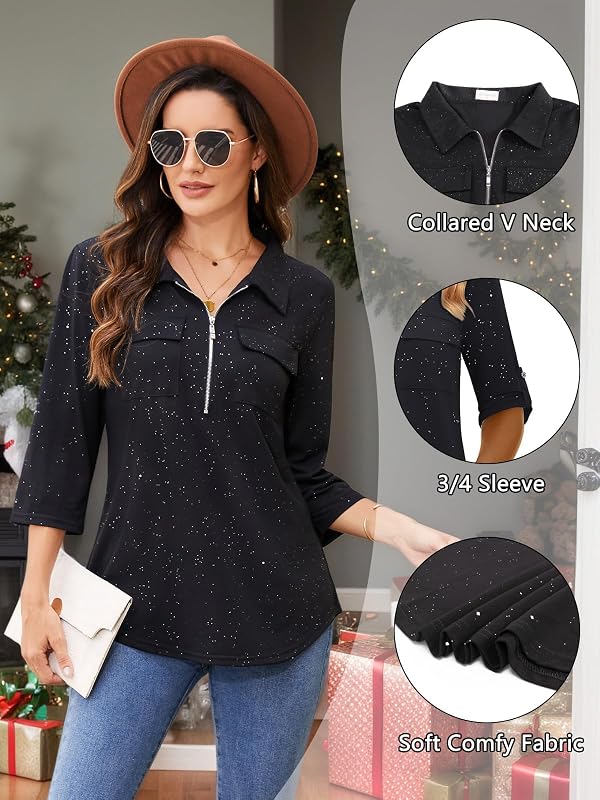 Bulotus Sparkle Tops for Women Long Sleeve V Neck Collared Straight Cut Cotton Zipper Breathable Blouses Vintage Garden Preppy Streetwear Chic Modest Minimalist Country Concert Wife Granny Tunics by Bulotus - Used condition - Image 4