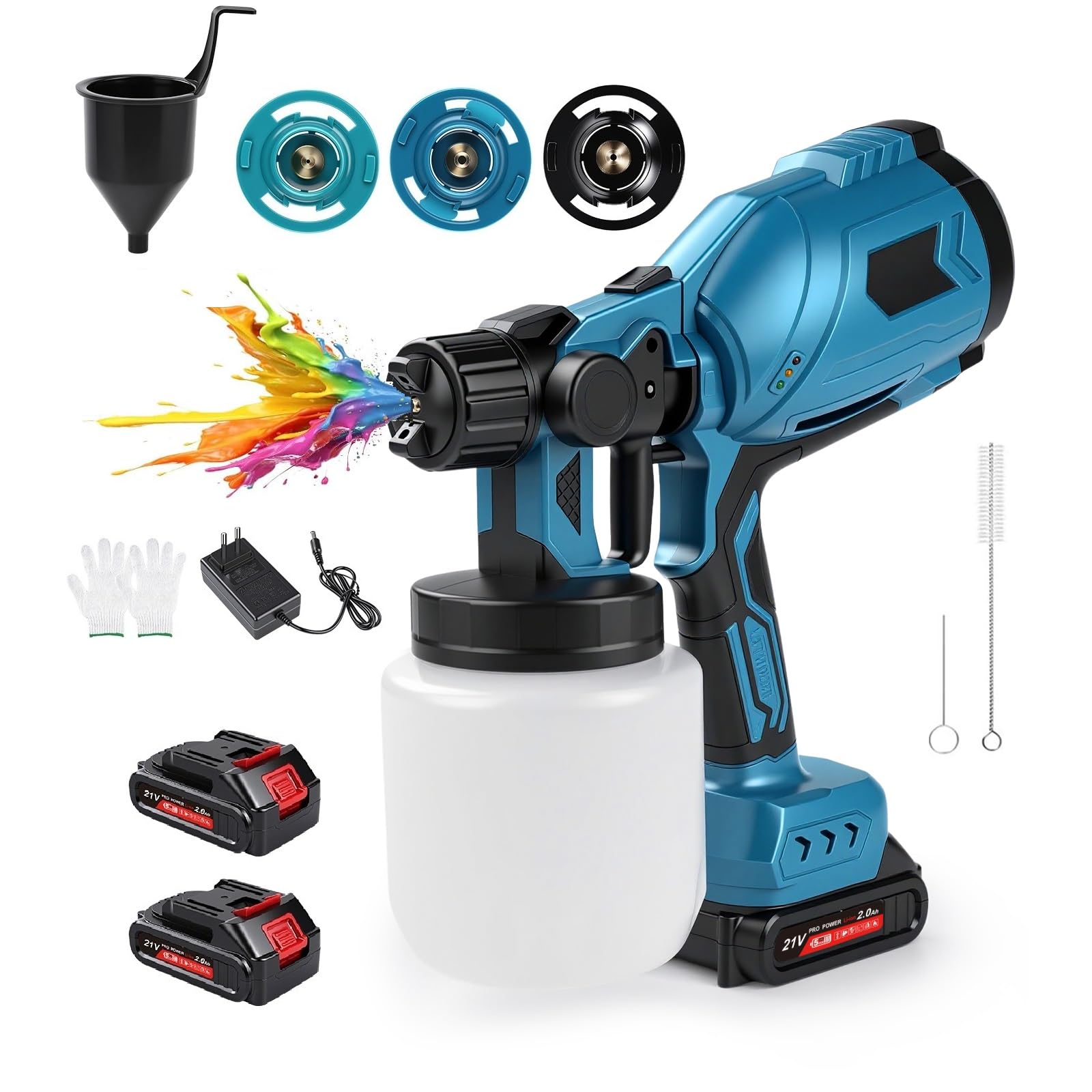 1000ML HVLP Pistola Pintura Electrica con 2x2.0Ah Baterías 500W 36000PRM | 3 Boquillas y 3 Modelos, Pulverizador de Pintura, Pistola para Pintar Paredes y Techos