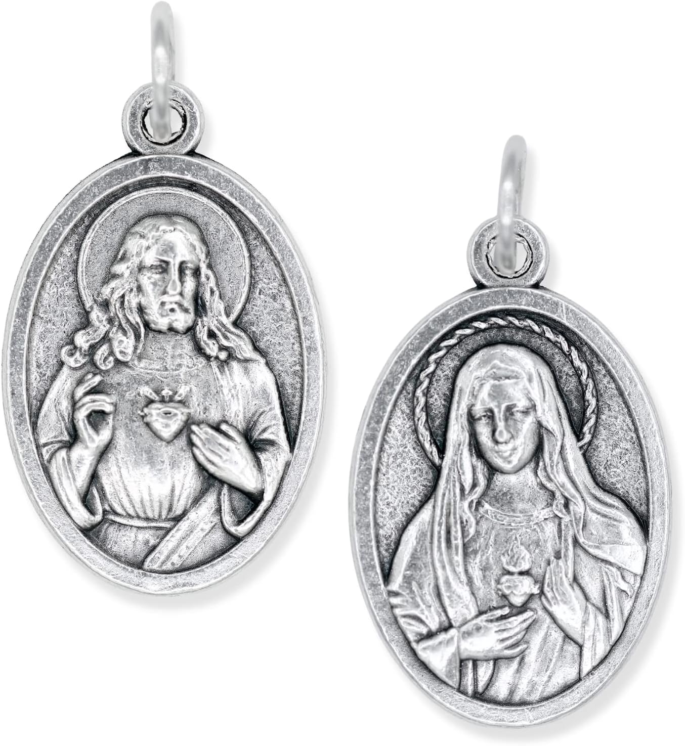 Pack of 5 - Immaculate Heart of Mary and Sacred Heart of Jesus Medals - 1" Silver Oxidized Catholic Pendants for Necklace and Rosary, Made in Italy