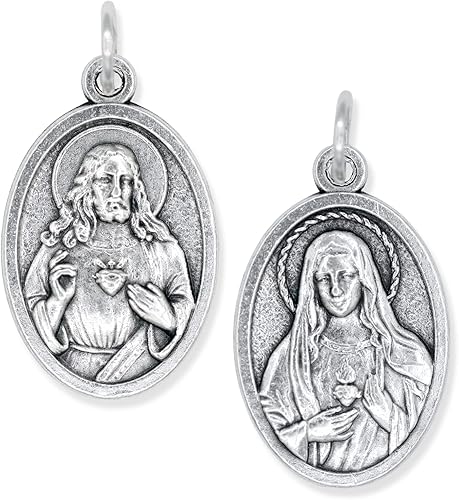 Paquete de 5 medallas del Corazón de María y el Sagrado Corazón de Jesús Colgantes católicos oxidados de plata de 1 pulgada para collar y rosario,