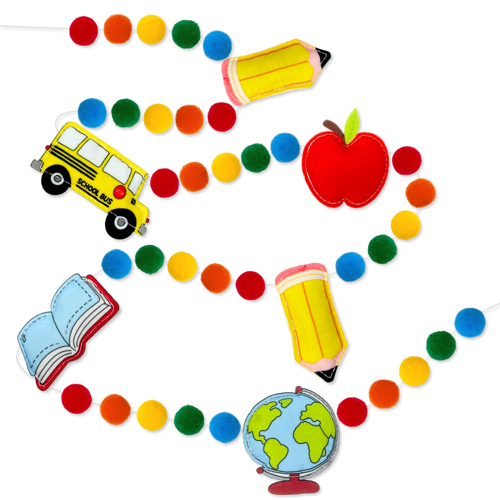 8.2FT Back to School Felt Pom Banner, School Bus Banner with Pencil Apple Book Pom Pom Garland, Classroom Decor for Elementary, First Last Day of School Party Decoration