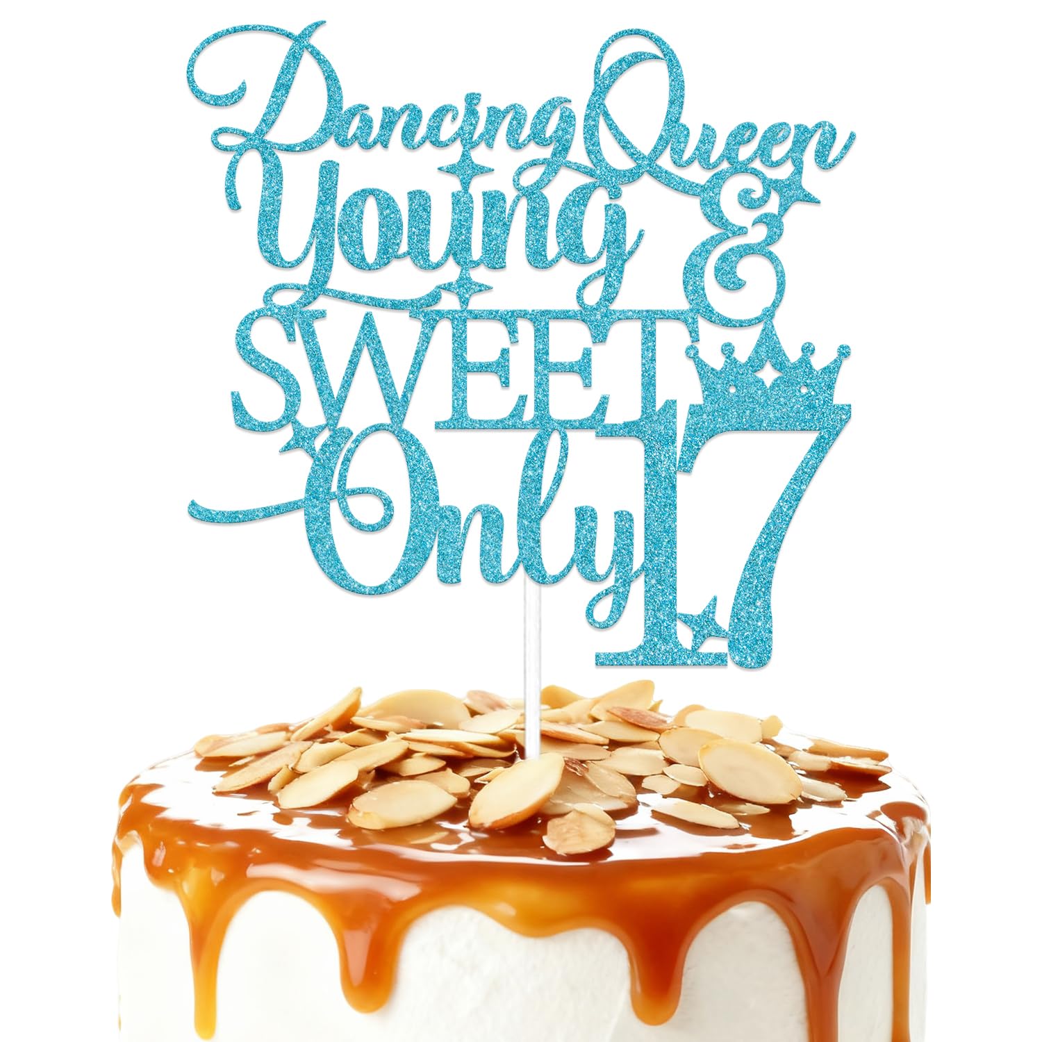 ZCXVC Dancing Queen Young & Sweet Only 17 Cake Topper Happy 17th Birthday Cake Picks Cheers to 17 Year Old Birthday Party Decor Sign Blue Glitter