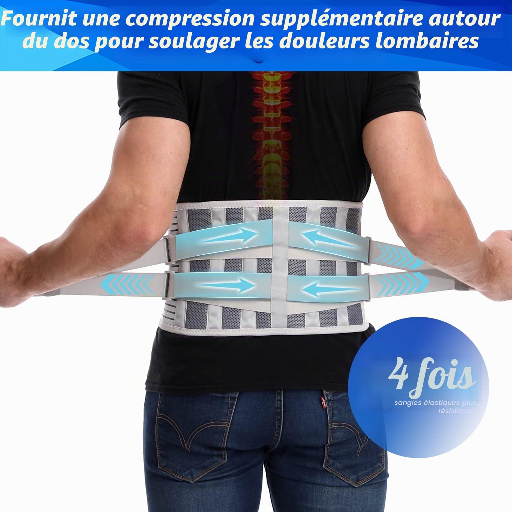 Paskyee Ceinture Lombaire pour homme et femme Soulagement de la douleur dans le bas du dos avec 6 baleines et coussin lombaire amovible, ceinture de soutien lombaire pour hernie discale, sciatique
