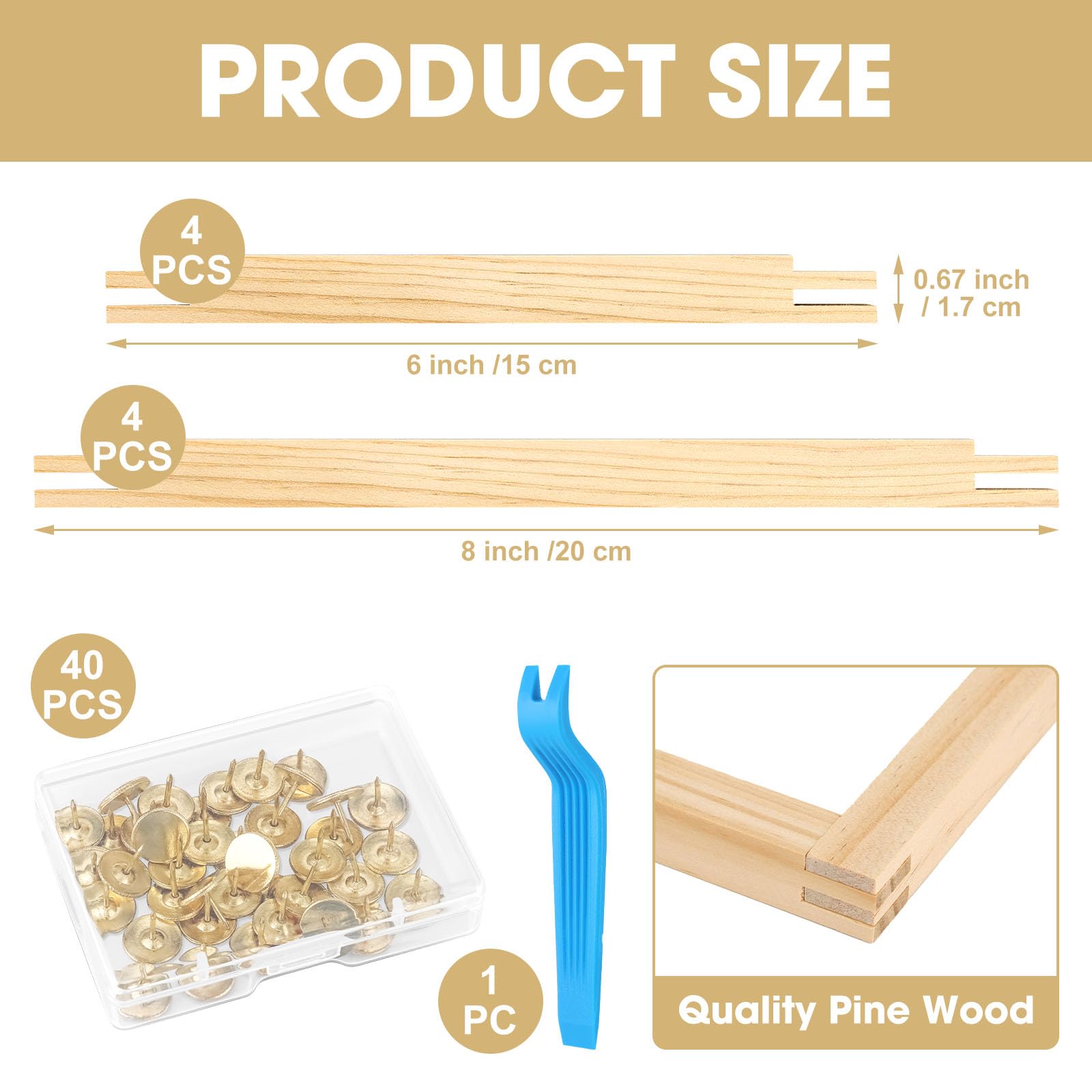 8 PCS Needlepoint Stretcher Bars 2 Sizes Stretcher Bars for Needlework Wooden Canvas Art Supplies with 40 Thumb Tacks for Needlepoint Embroidery Stitch Frame Set Bundle with Crafts