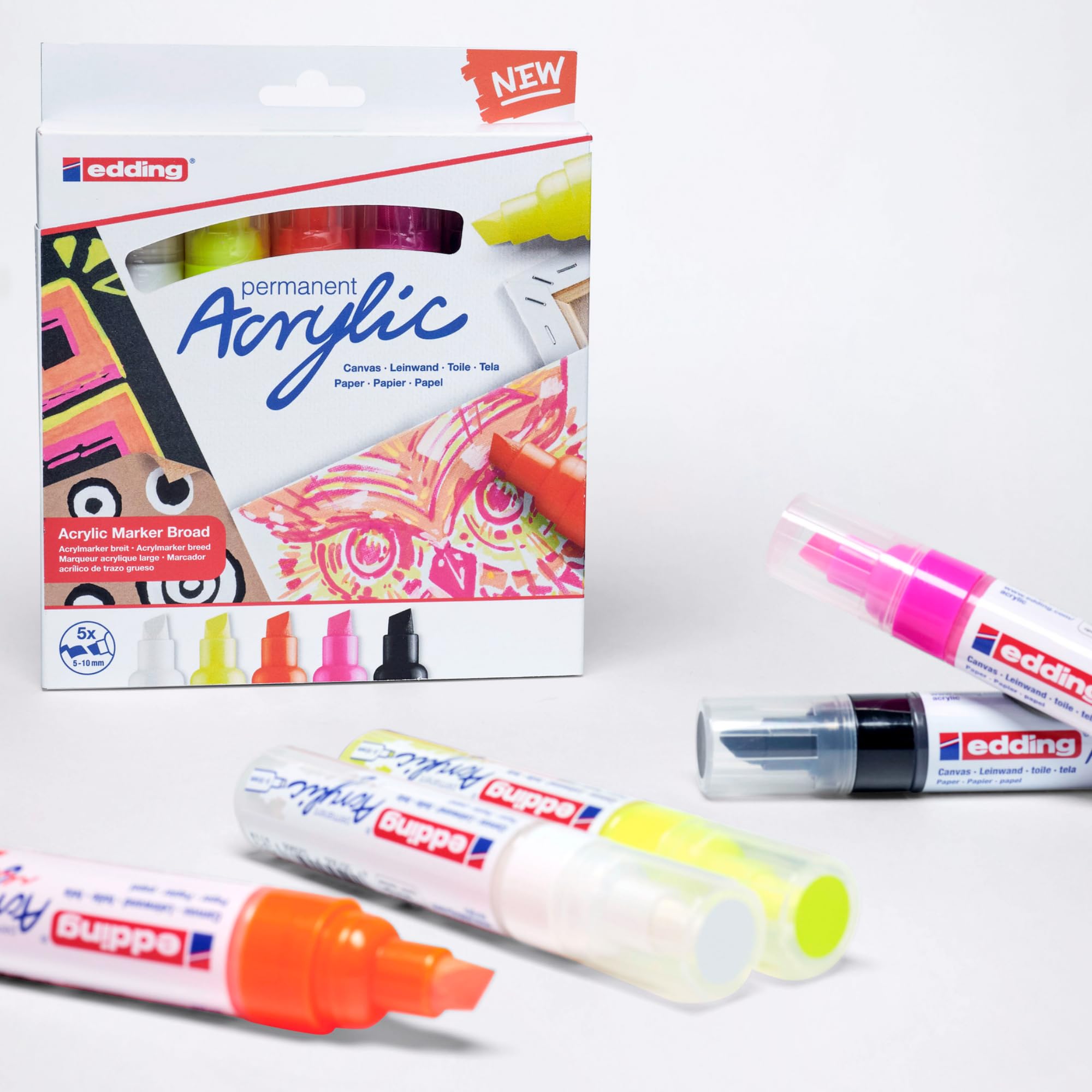 edding 5000 Marcatore Acrilico Largo, Giallo,Blu,Rosa,Turchese, 5 Marcatori Vernice Acrilica, Punta Scalpello 5-10Mm, Pennnarello Acrilico per Disegno Su Tela, Legno, Ciotoli, Waterproof
