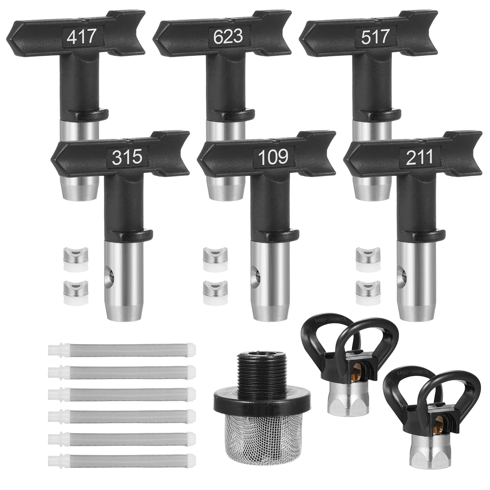Mulcort 15 Pcs Airless Paint Sprayer Tips Set Includes 6 Reversible Spray Nozzle Tips with Spacer, 6 Airless Sprayer Filter, 1 Replacement Inlet