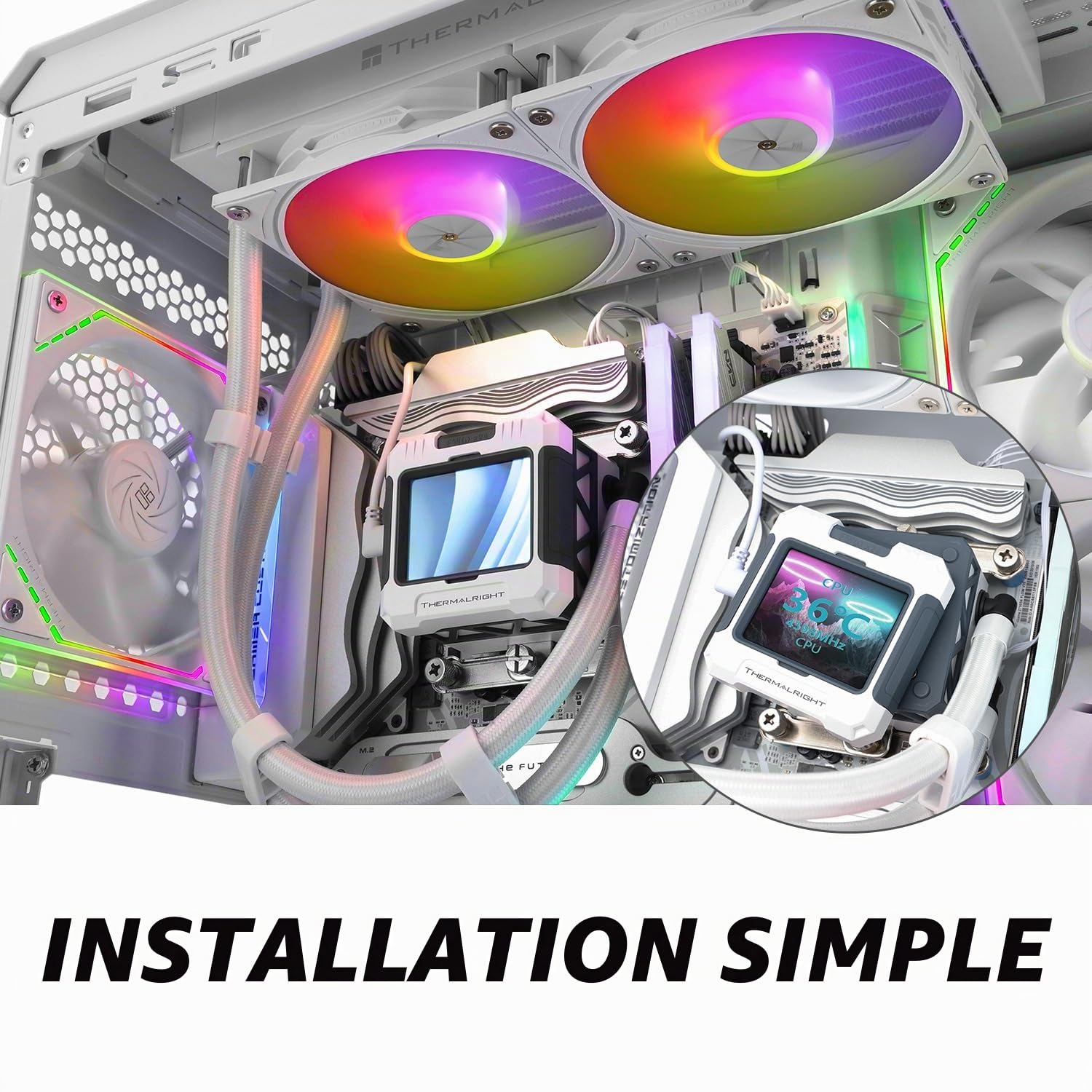TR FW240 Blanc ARGB CPU Refroidisseur d’eau, Double PWM Ventilateurs Système de refroidissement par eau, Écran LCD IPS avec résolution 320 * 240, pour AMD / AM4 / AM5 & Intel LGA1700