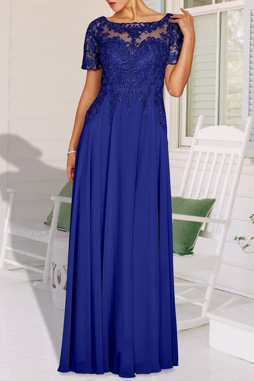 Women's Short Sleeve Chiffon Mother of the Bride Dresses Boat Neck Lace Applique Formal Wedding Guest Evening Gowns