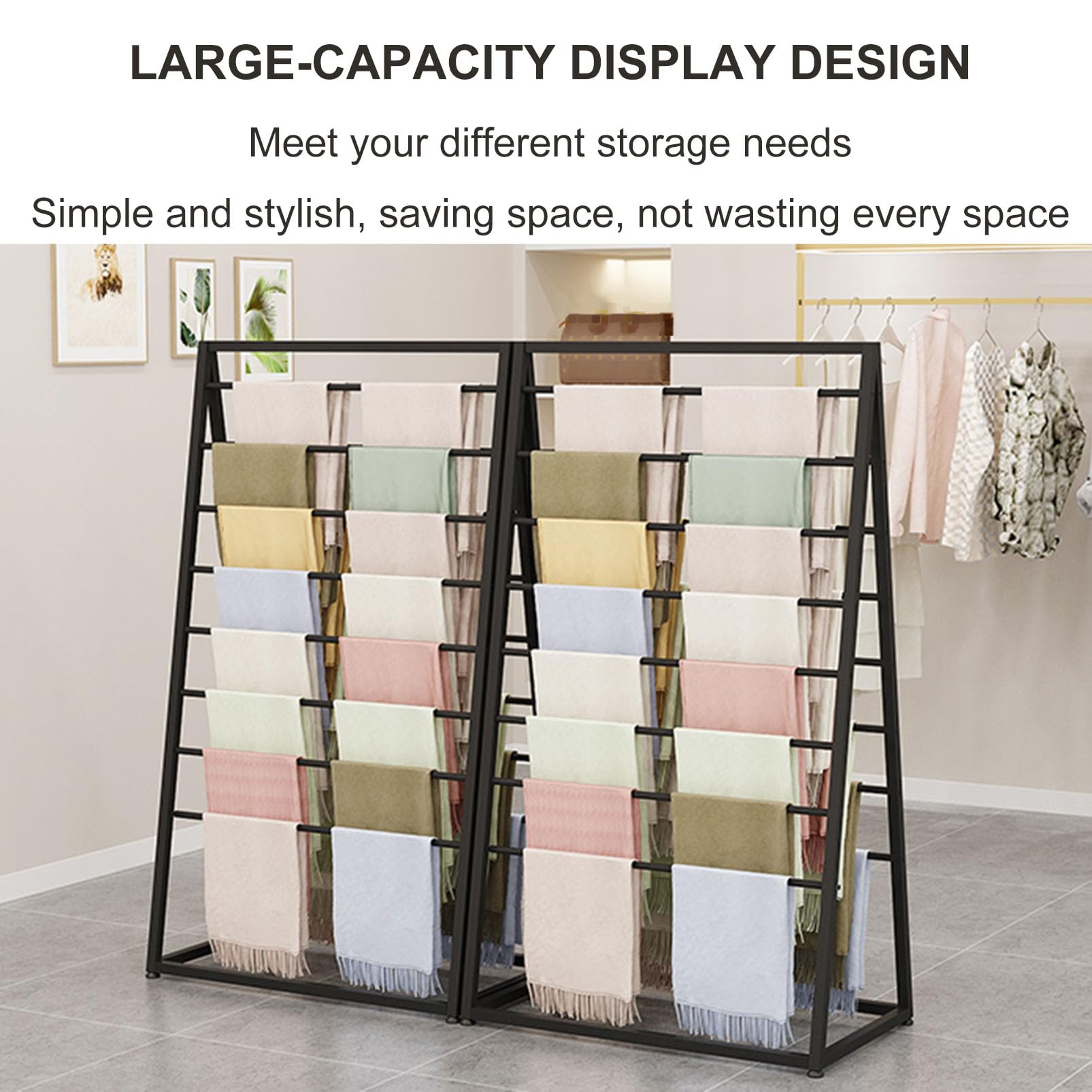 Organizador de bufandas y cinturones de doble cara para tienda de ropa, soporte de pie para bufandas, chales, pantalones, sábanas, toallas y accesorios