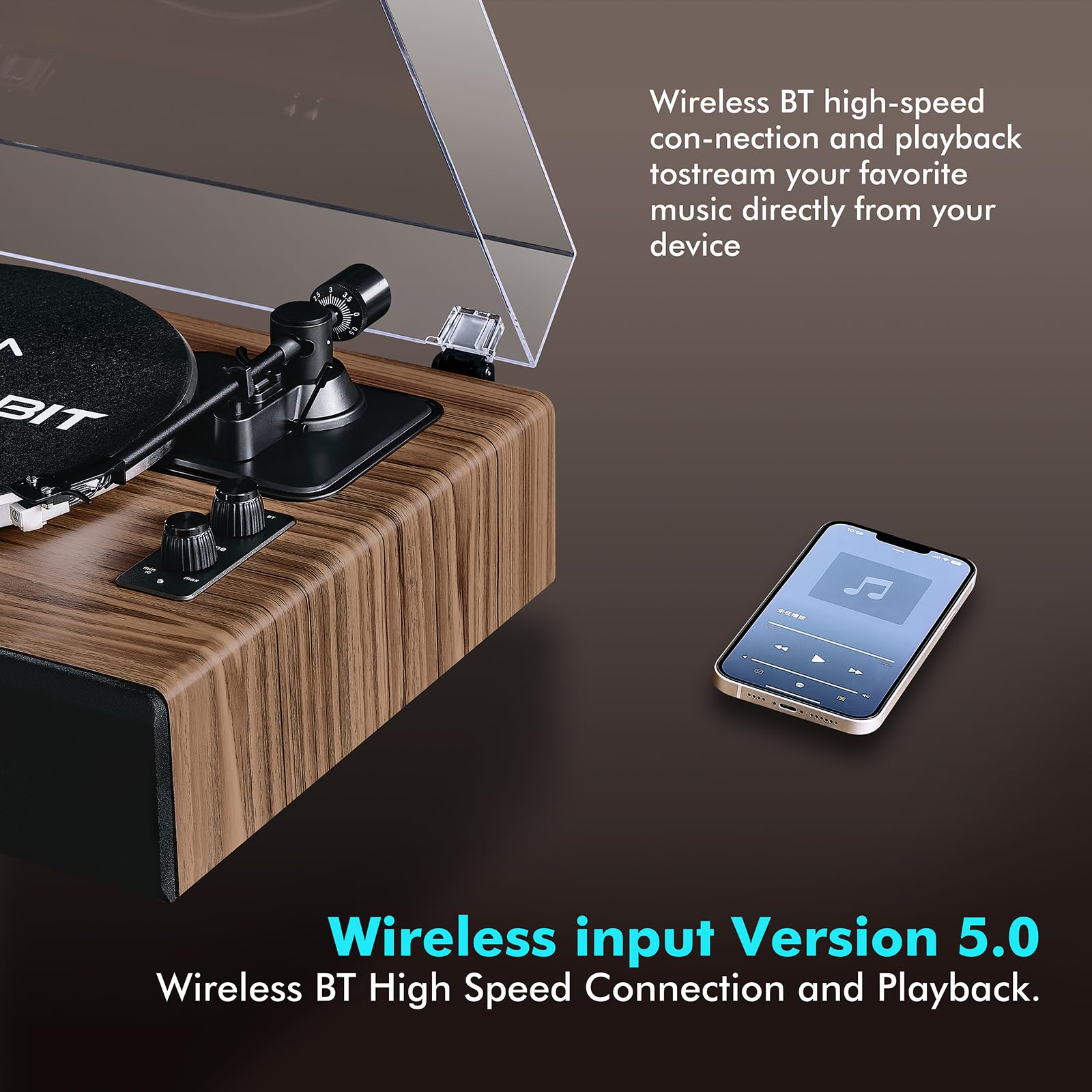 Plattenspieler mit Lautsprechern, Bluetooth Schallplattenspieler mit integriertem Verstärker, Hi-Fi Vinyl Record Player mit AT-3600L Magnet-Tonabnehmer, 2 Geschwindigkeiten (33/45 U/min)