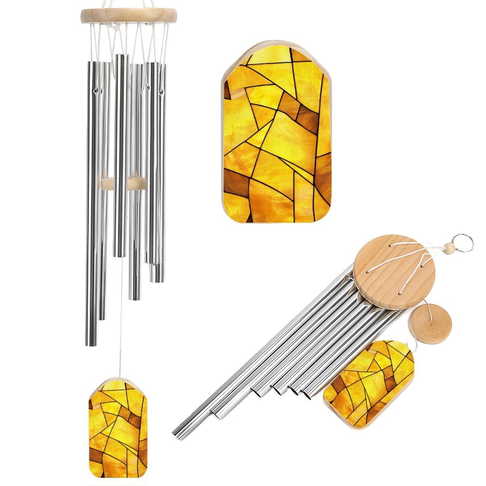 Stained Glass Yellow Pieces Simple Wind Chimes Memorial Deep Tone Windchime with 6 Aluminum Tubes Outdoor Backyard Garden Decoration