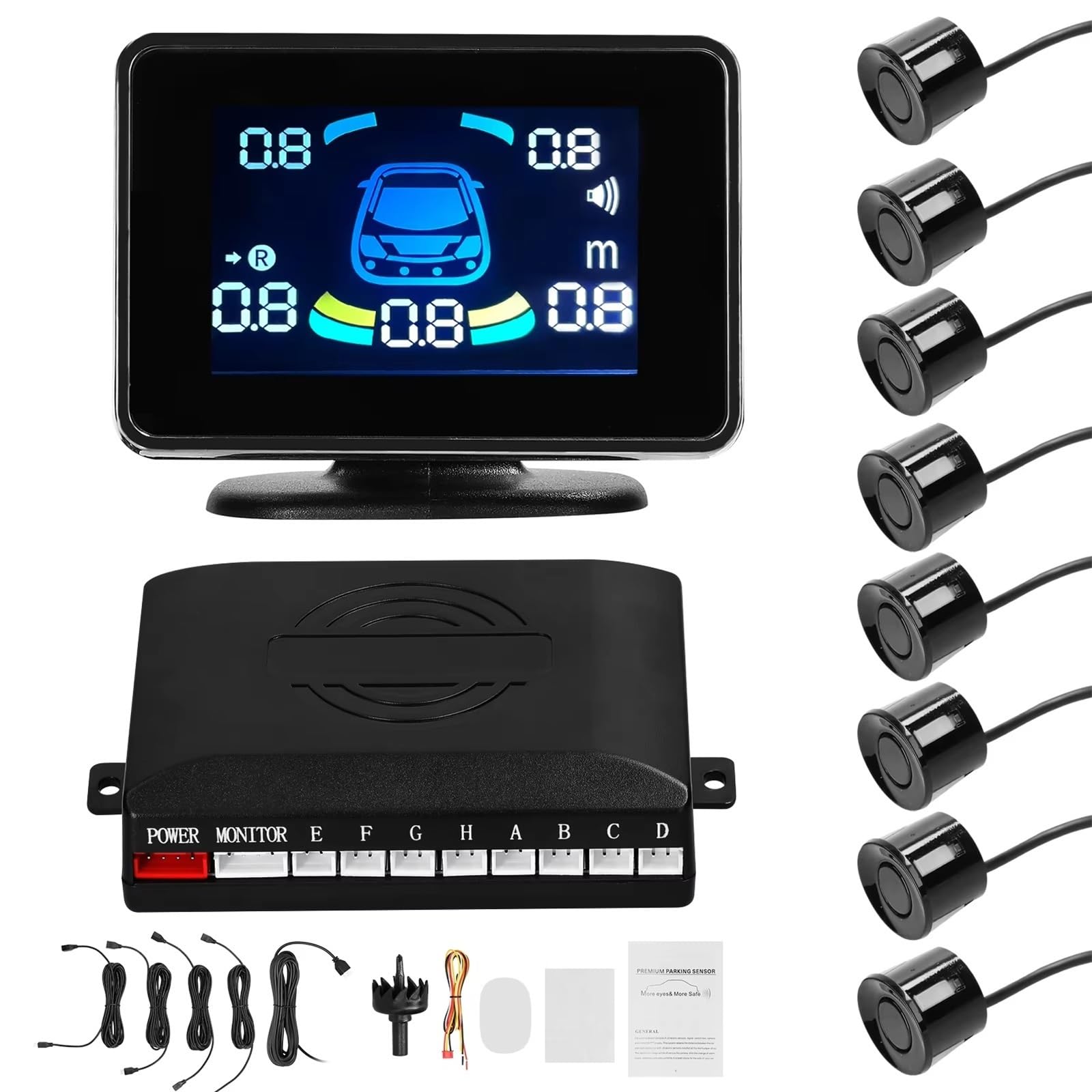 Parking Radar Alerta Sensor Aparcamiento para Coche Radares Marcha Atrás Soporte Delantero Y Trasero Advertencia Sonora/zumbador con 8 Sensor Estacionamiento(White)