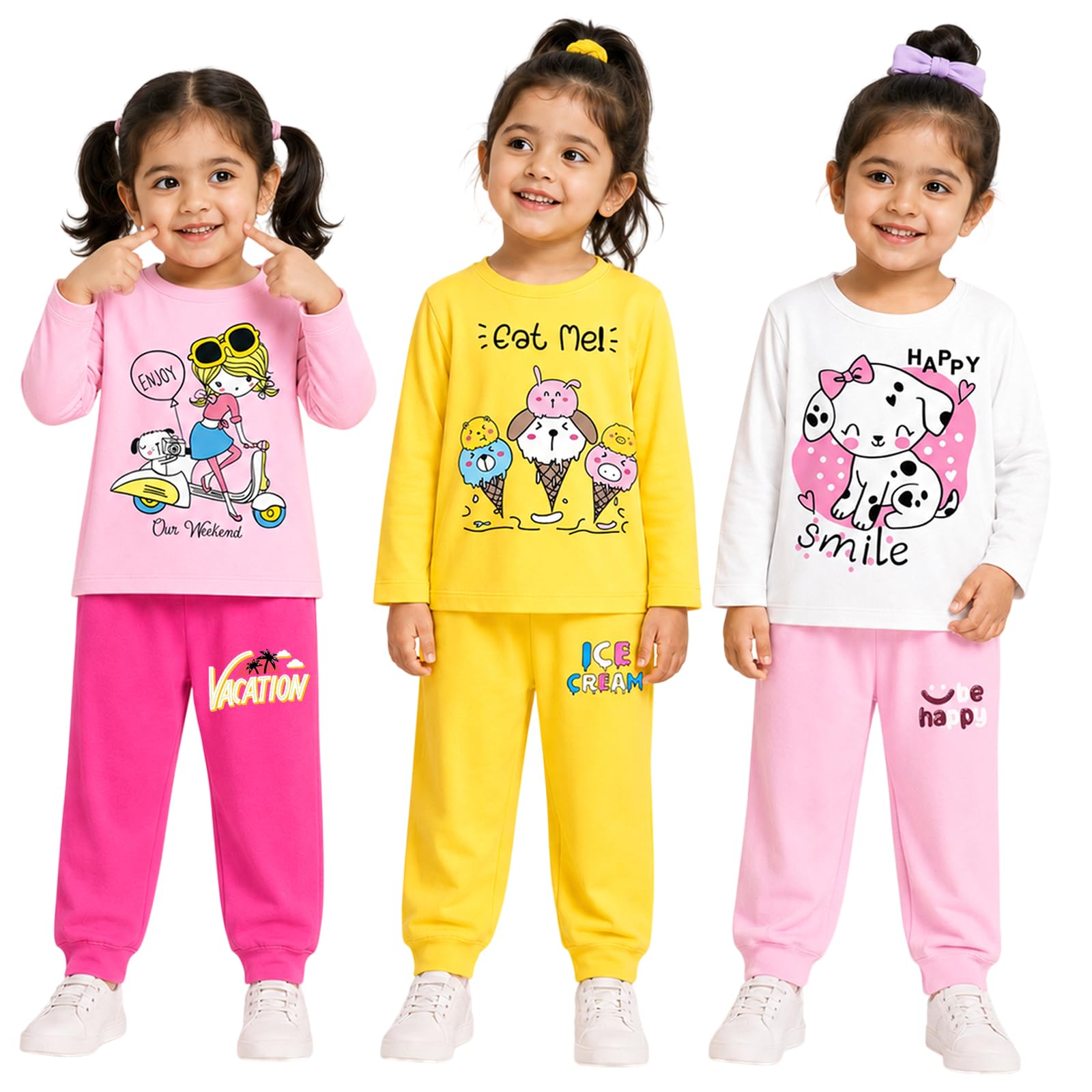 kuchipoo Girls Cotton T-shirts & Pajamas Set | Full Sleeve Printed Top & Pajama | Soft & Breathable Sleepwear | Comfortable Elastic Waist | Pack of 3-picture-39