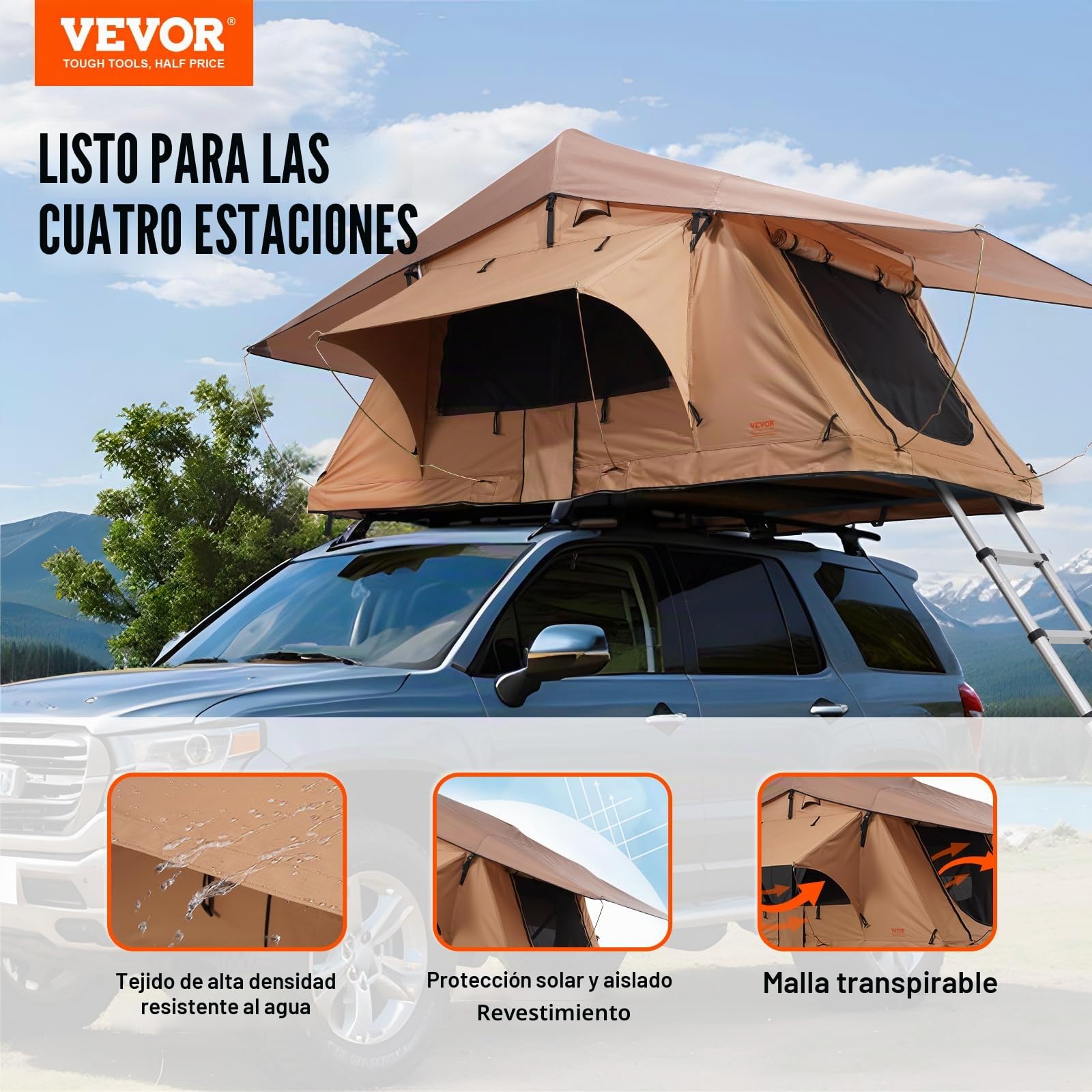 VEVOR - Tienda de Techo para 2-3 Personas, Tienda de campaña para vehículos Plegable e Impermeable, con Escalera telescópica, colchón y Funda para Jeep SUV Pick-up Camión Coches