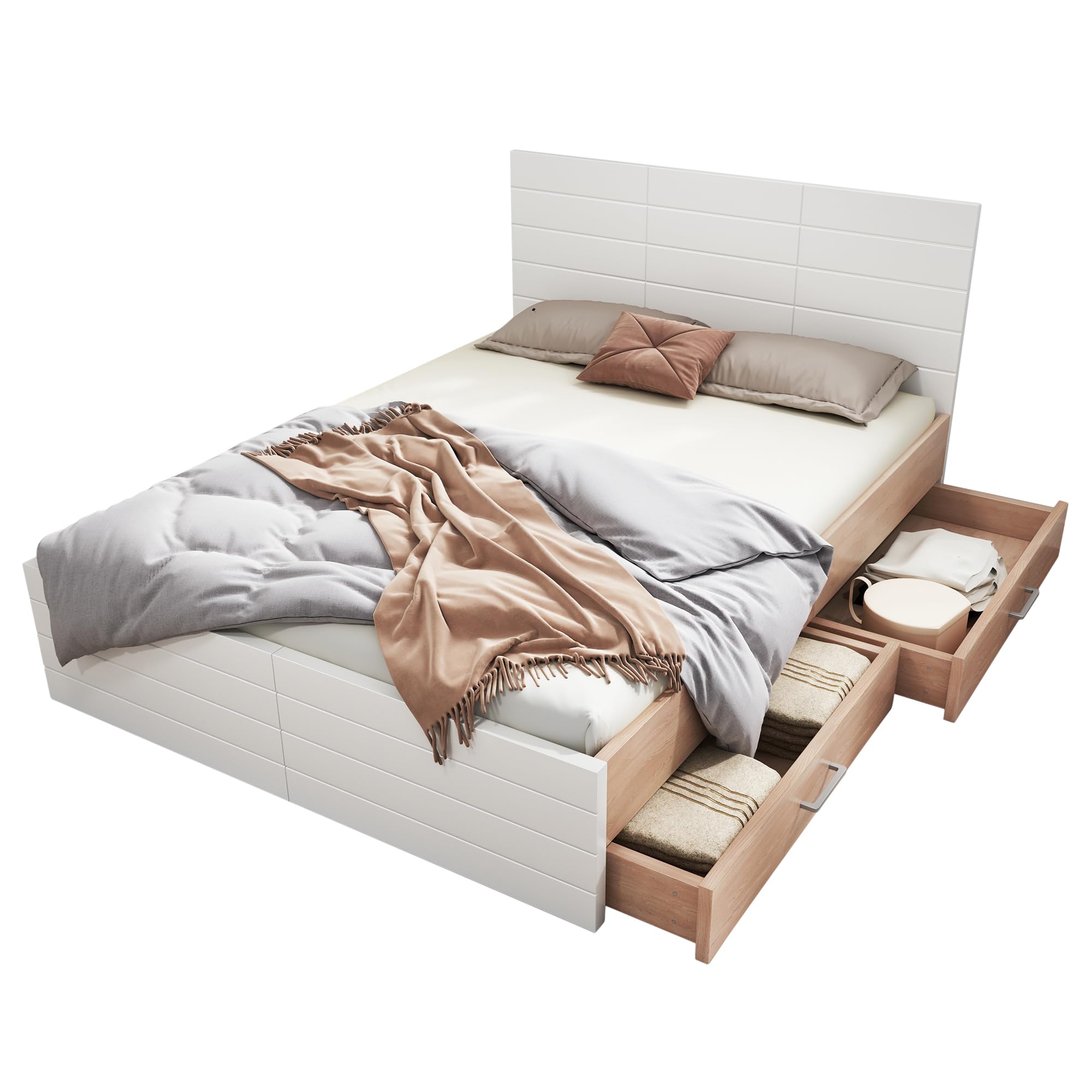Generisch Moderno letto matrimoniale 140 x 200 cm con 2 cassetti, con struttura del letto e rete a doghe, rovere bianco, carico massimo 181 kg, spazio sotto il letto, materasso per chi dorme