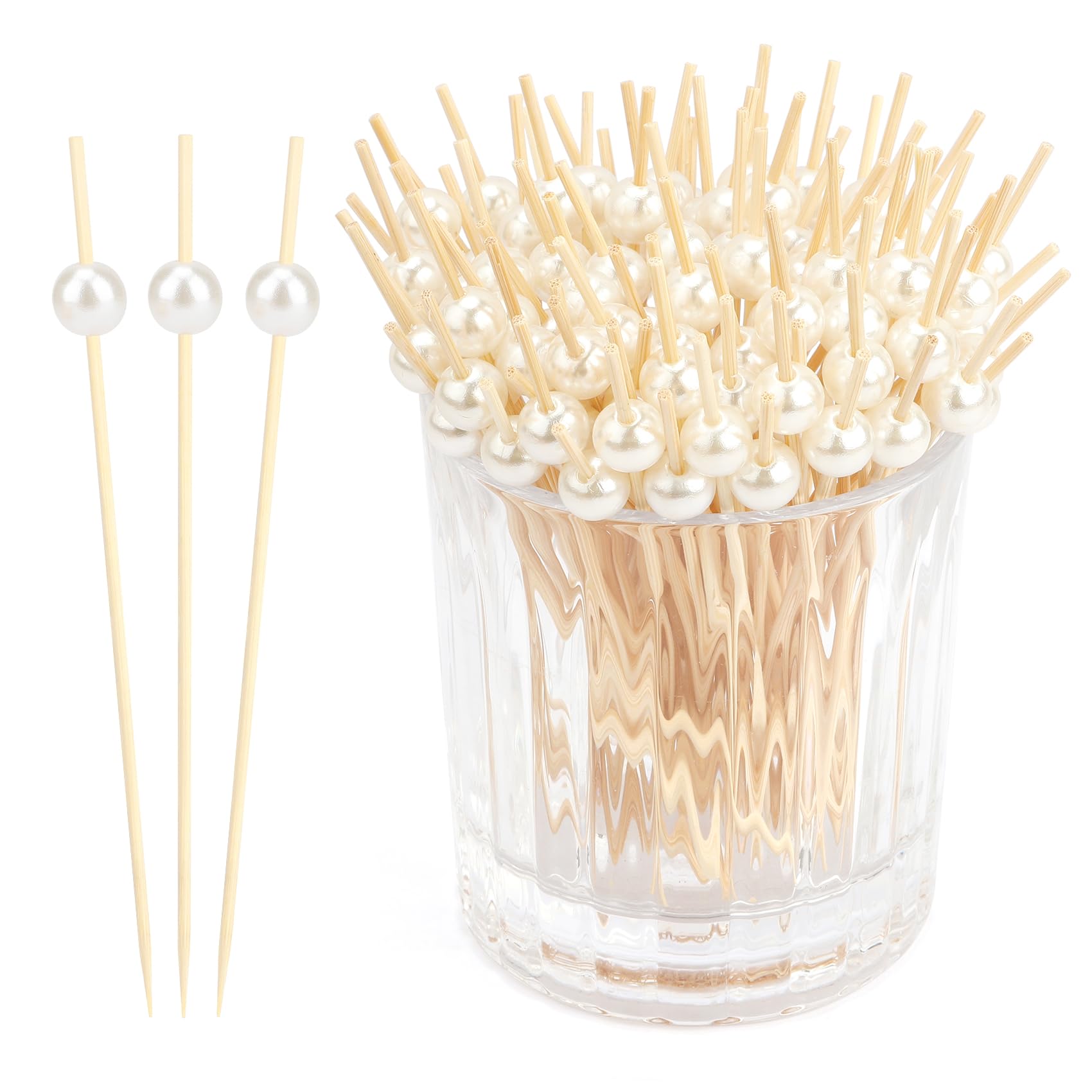 300 PCS 4.7 Inch Cocktail Sticks for Food White Pearl Cocktail Picks Bamboo Sticks Toothpicks for Food Cocktail Picks for Appetizers Bamboo Tooth Picks for Party Decorations Burgers Charcuterie Cups