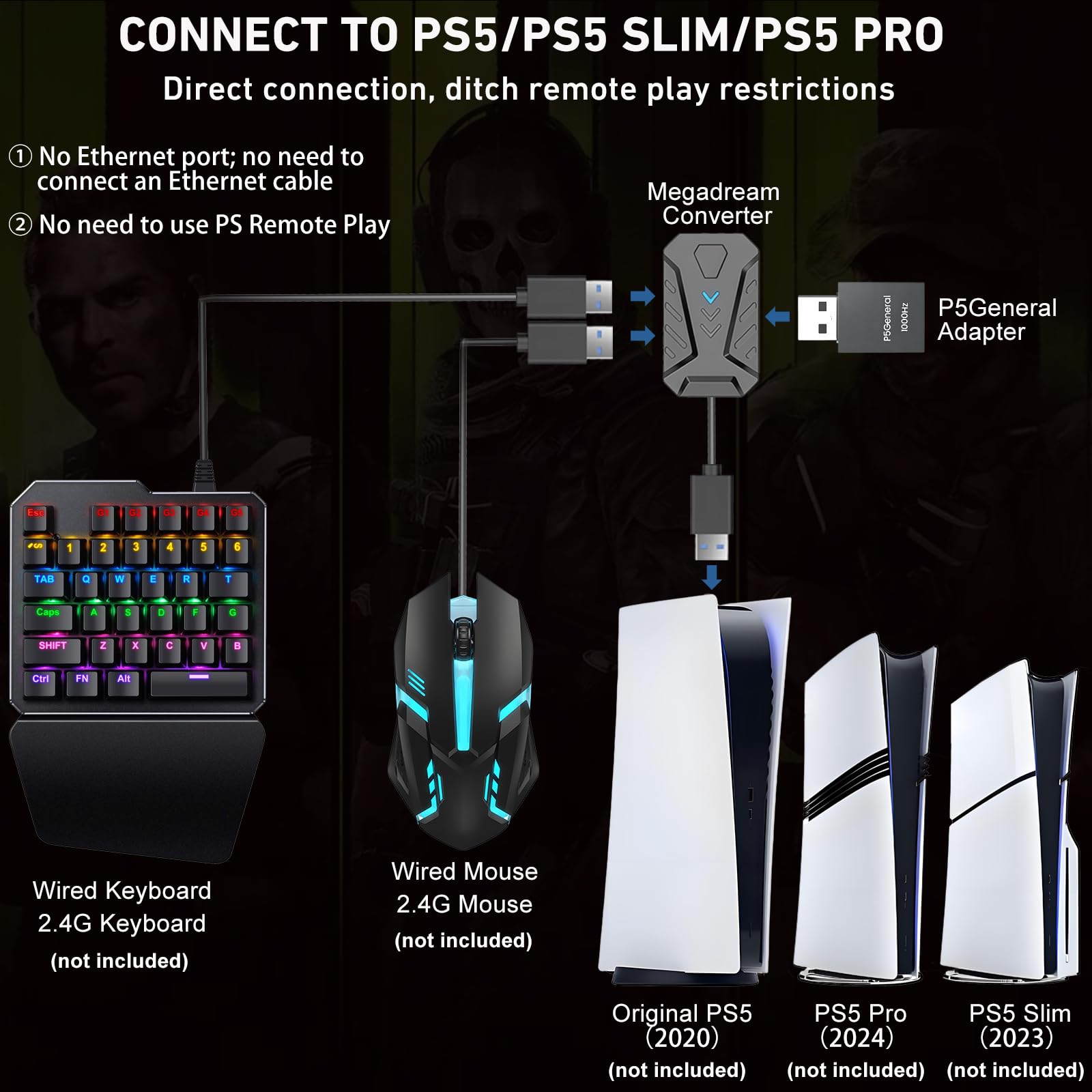 Megadream Convertidor de teclado y mouse para PS5/P5 Slim/PS5 Pro con adaptador general P5, retraso ultra bajo de 1000 Hz, soporta ajustar la sensibilidad del mouse, cambiar la tecla predeterminada