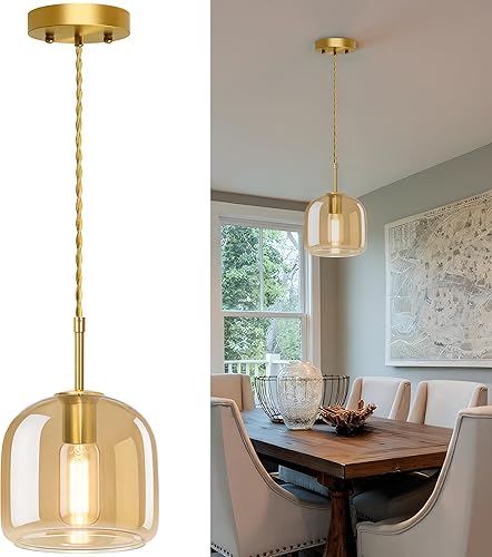 Luces colgantes de isla de cocina, lámpara colgante dorada, luces colgantes de latón con pantalla de vidrio ámbar, lámpara colgante ajustable para