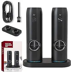 Conjunto de moedor elétrico de sal e pimenta, moinho automático de sal e pimenta recarregável com base recarregável, cabos USB, moinhos de granulometria ajustável, operação com uma mão, luz LED (conjunto de moedores carregados via USB)